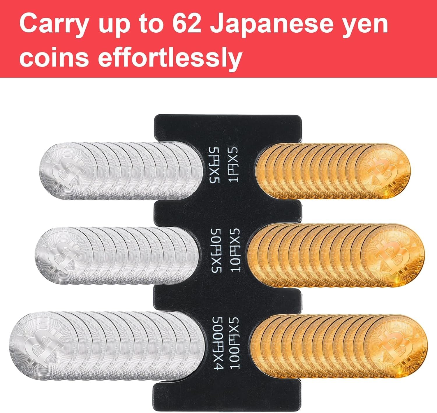 2 Pcs Yen Coin Organizer with PVC Pack, Japanese Coin Organizer, Portable Rectangle Coin Holder for Car, Plastic Coin Sorter Wallet with 6 Slots, Dispenser for Travel Black, Red