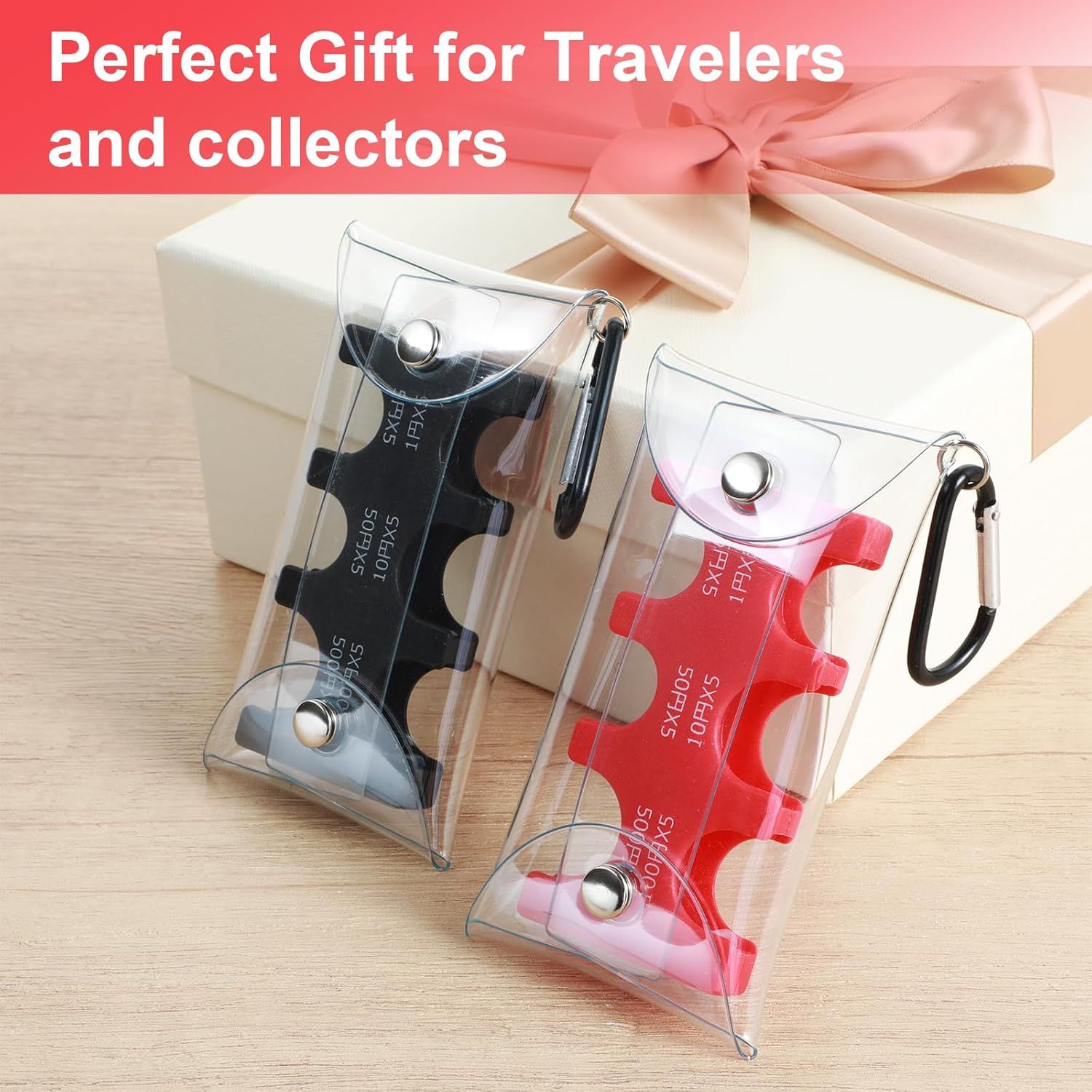 2 Pcs Yen Coin Organizer with PVC Pack, Japanese Coin Organizer, Portable Rectangle Coin Holder for Car, Plastic Coin Sorter Wallet with 6 Slots, Dispenser for Travel Black, Red