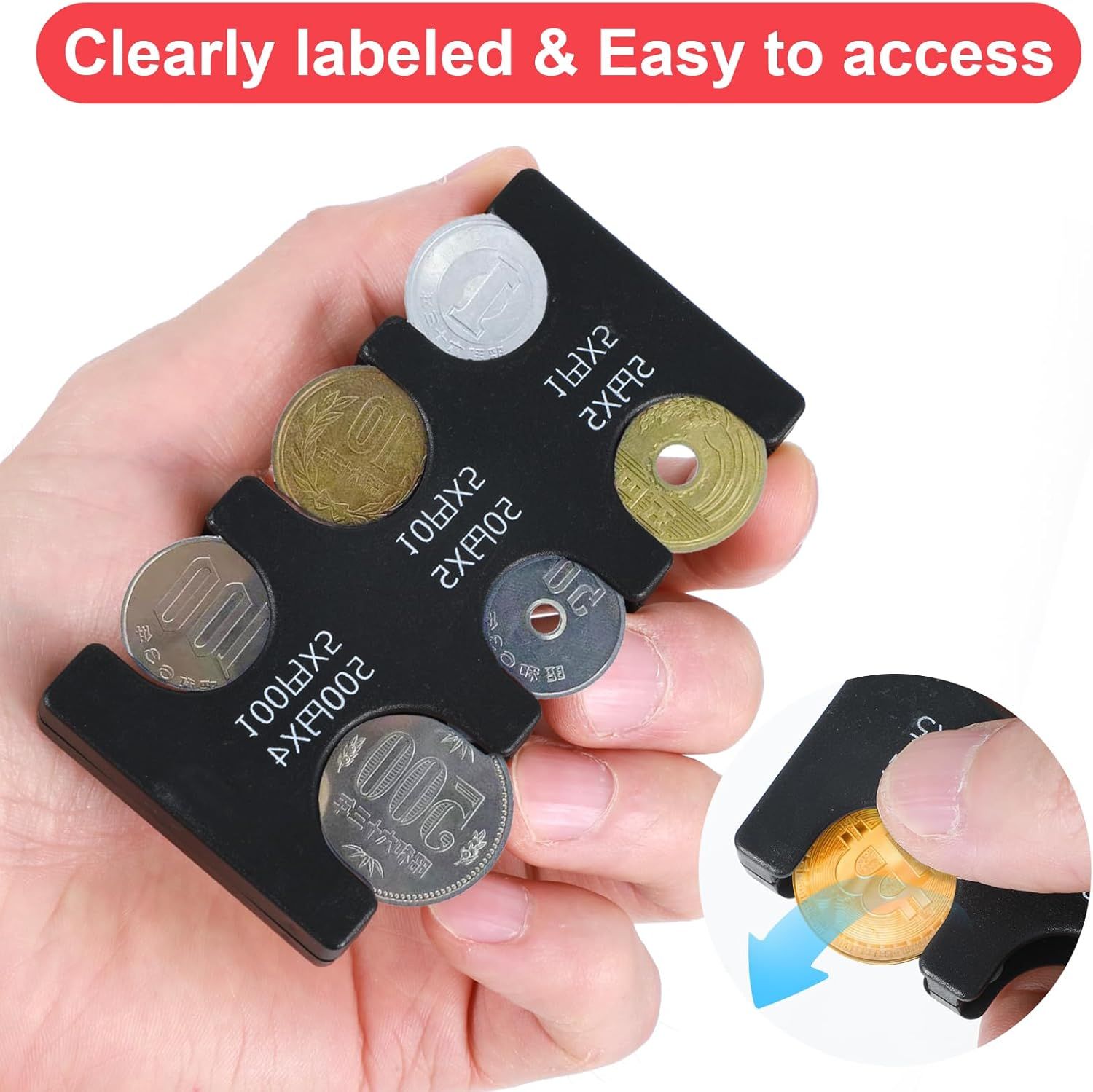 2 Pcs Yen Coin Organizer with PVC Pack, Japanese Coin Organizer, Portable Rectangle Coin Holder for Car, Plastic Coin Sorter Wallet with 6 Slots, Dispenser for Travel Black, Red