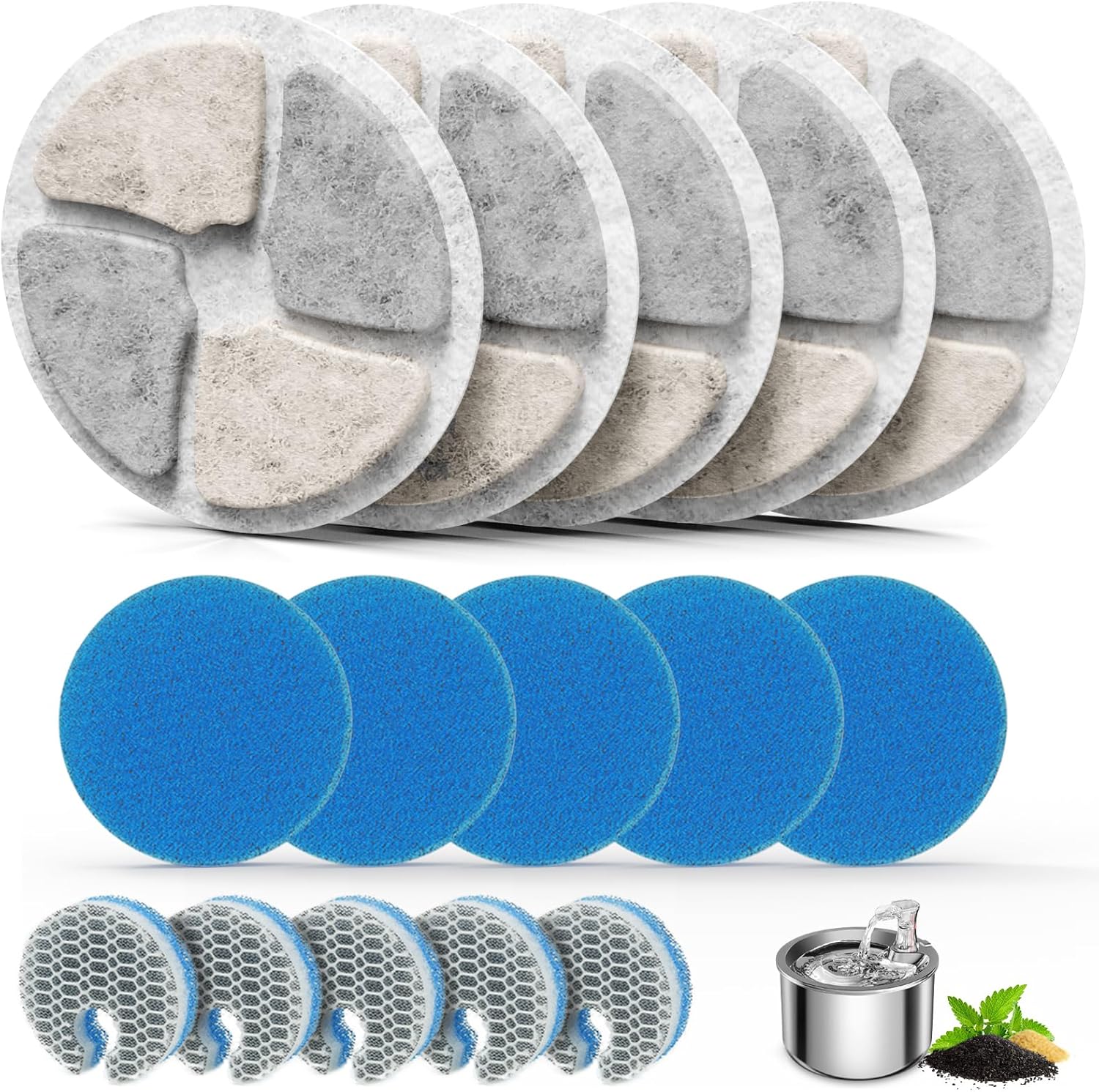 Stainless Steel Cat Water Fountain Filters, 5 Pack Replacement Filters Fit for Round 2L/67oz Automatic Pet Fountain, Filter with Triple Filtration System 5+5+5