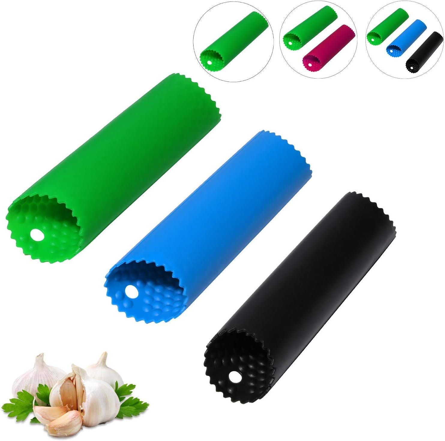 Garlic Peeler Skin Remover Roller Keeper,Easy Quick to Peeled Garlic Cloves with Silicone Tube Roller Garlic Peeling Kitchen Tool 3 Colors