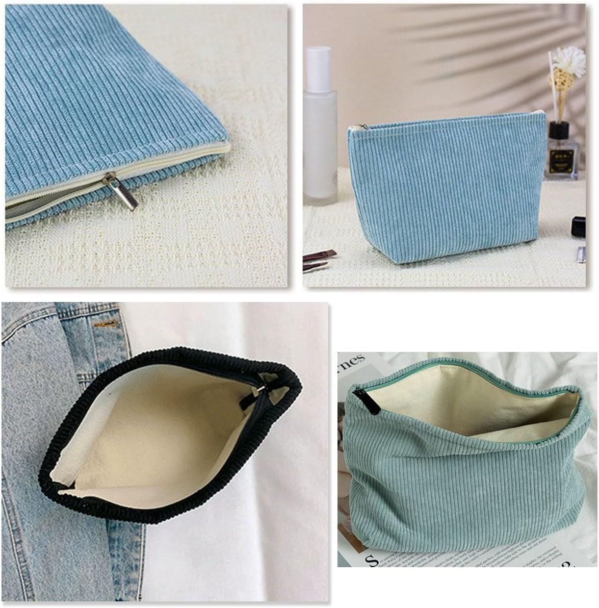 3 Pieces 10Inch Corduroy Cosmetic Bag Large Makeup Bag, Cosmetic Bags for Women Cute Large Capacity Make up Bags Travel Toiletry Aesthetic Skincare Brushes Storage Organizer for Women 3 colors