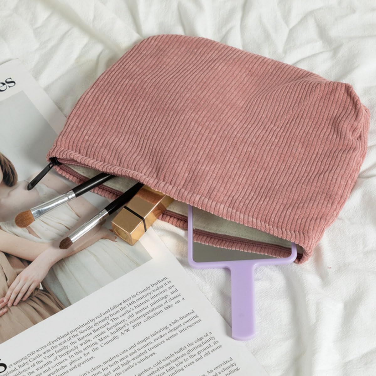 3 Pieces 10Inch Corduroy Cosmetic Bag Large Makeup Bag, Cosmetic Bags for Women Cute Large Capacity Make up Bags Travel Toiletry Aesthetic Skincare Brushes Storage Organizer for Women 3 colors