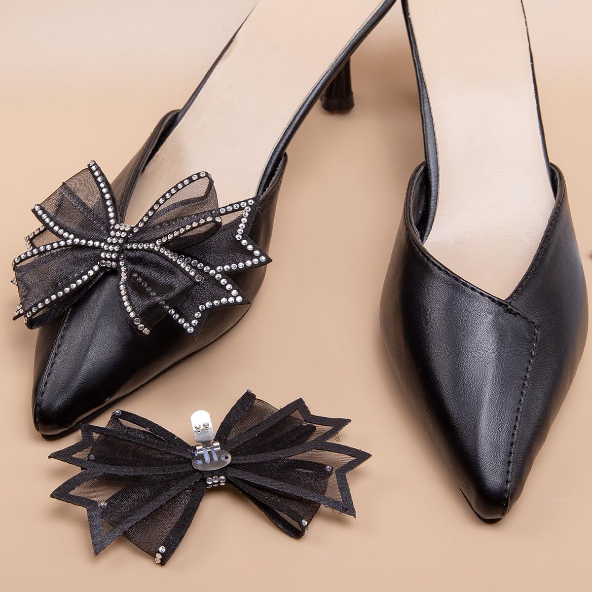2 Pairs Bow Shoe Clips for Women Dress Shoes Mesh Bow Rhinestone Shoe Clip Detachable Classic Fashion Sparkling Bow Heels Shoe Charms Bridal Wedding Party Crystal Shoe Buckles