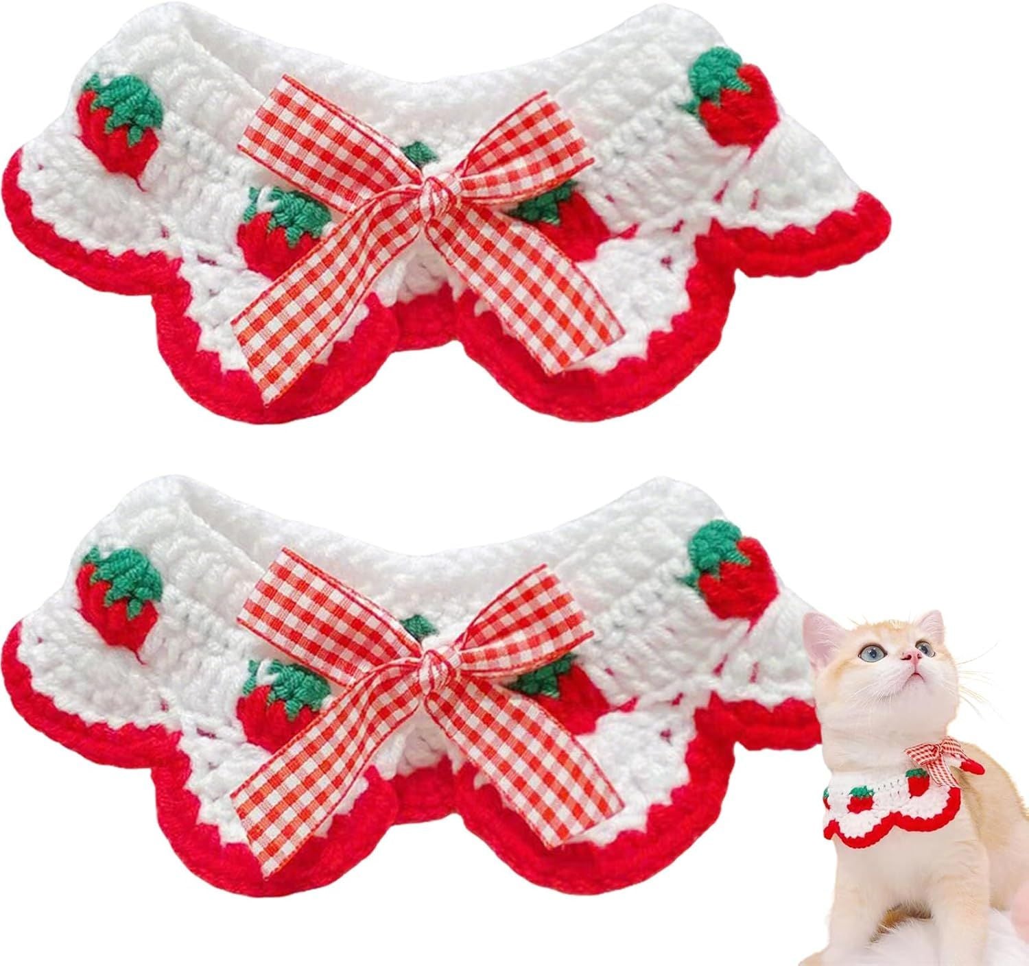 2 Pcs Cat Knitted Collar Cute Strawberry Pattern Scarf Adjustable Kitten Bib Bow with Soft Ruffled Edges Pet Accessories Red,Medium