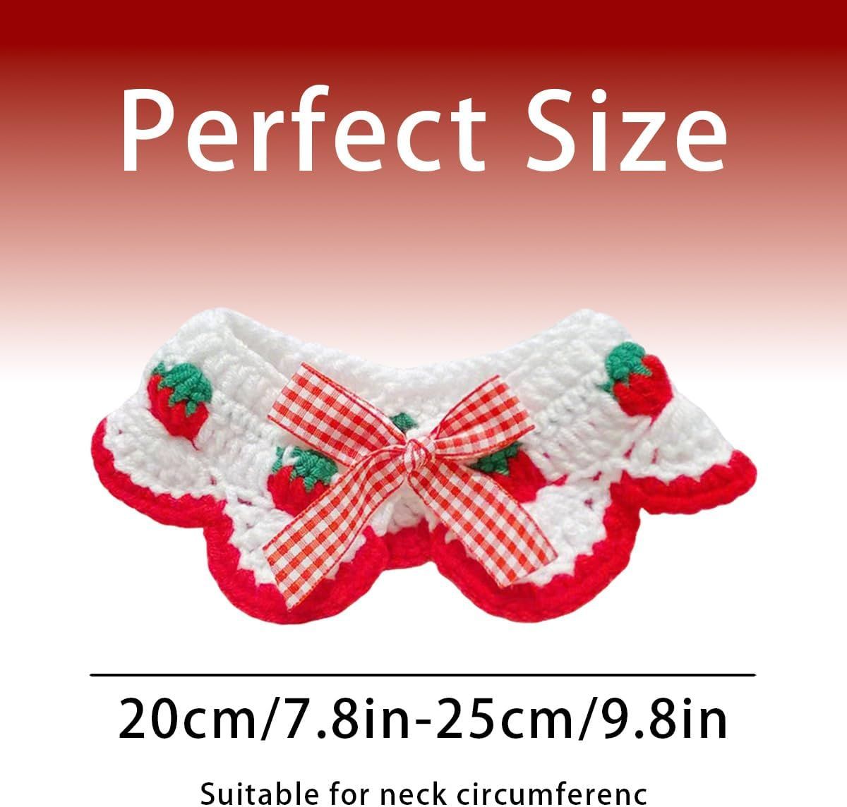 2 Pcs Cat Knitted Collar Cute Strawberry Pattern Scarf Adjustable Kitten Bib Bow with Soft Ruffled Edges Pet Accessories Red,Medium