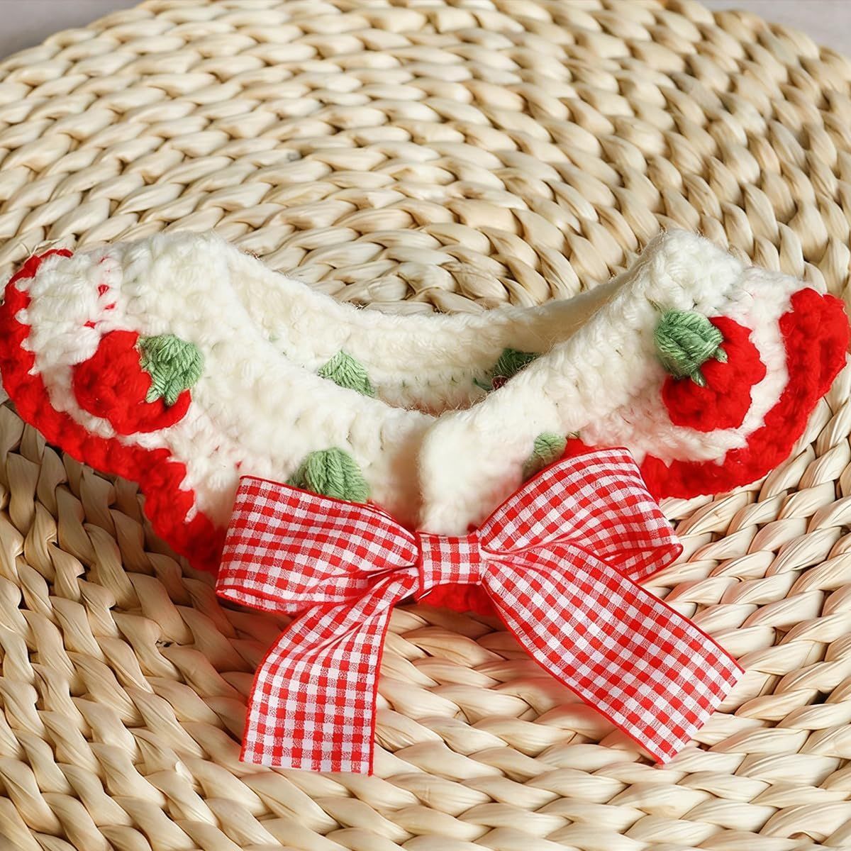 2 Pcs Cat Knitted Collar Cute Strawberry Pattern Scarf Adjustable Kitten Bib Bow with Soft Ruffled Edges Pet Accessories Red,Medium