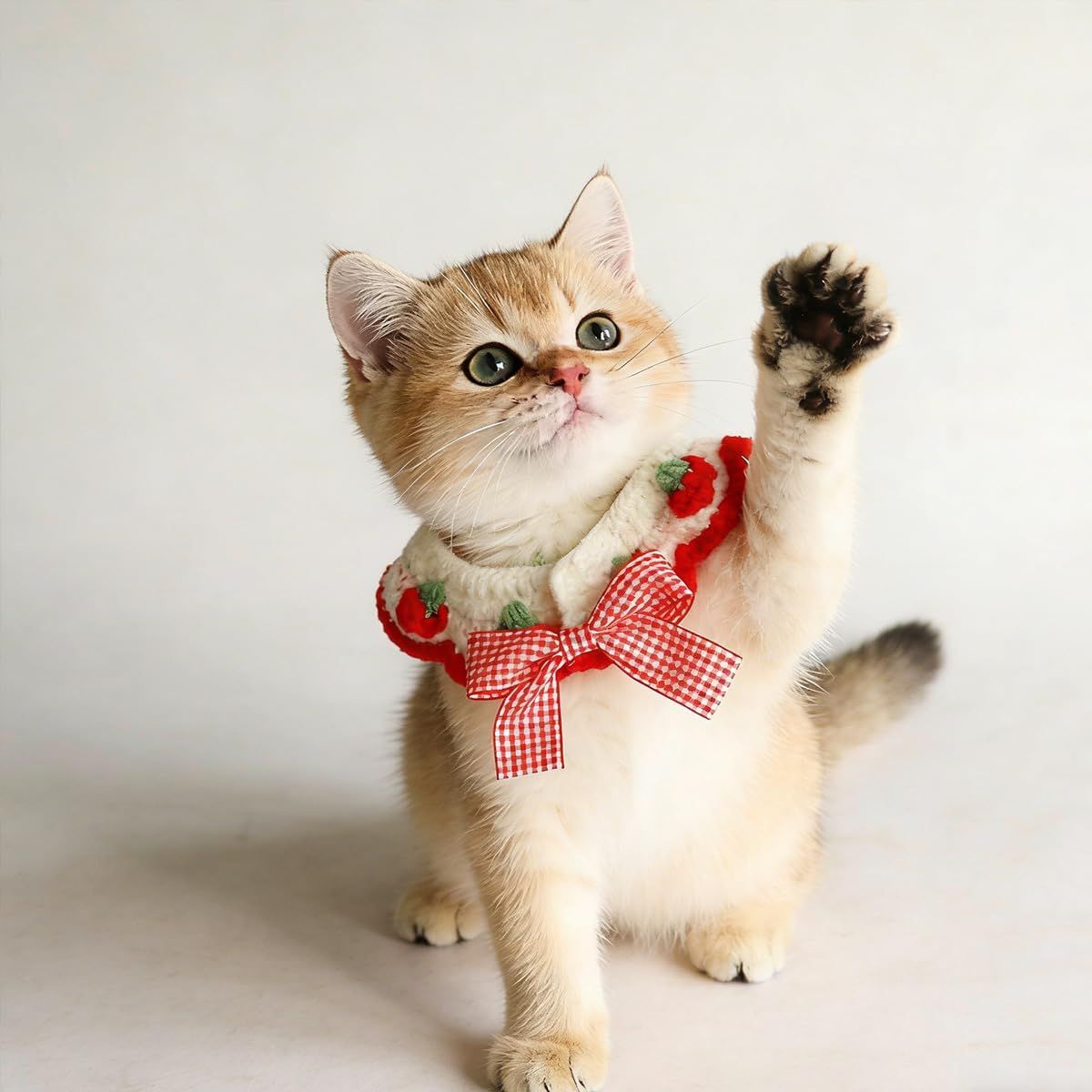 2 Pcs Cat Knitted Collar Cute Strawberry Pattern Scarf Adjustable Kitten Bib Bow with Soft Ruffled Edges Pet Accessories Red,Medium