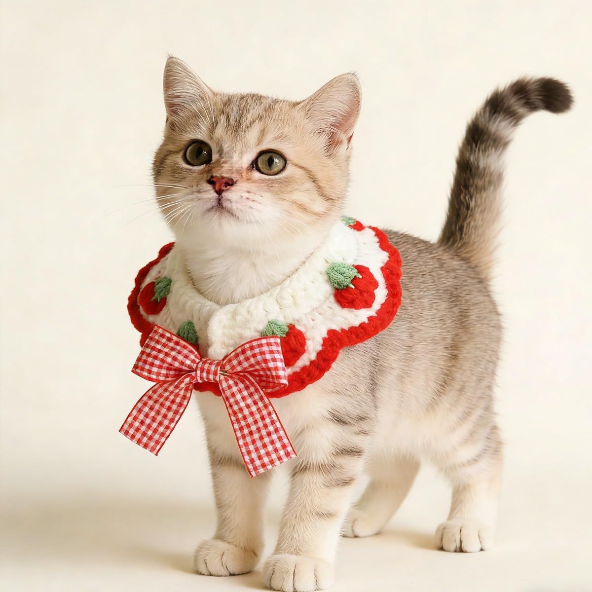 2 Pcs Cat Knitted Collar Cute Strawberry Pattern Scarf Adjustable Kitten Bib Bow with Soft Ruffled Edges Pet Accessories Red,Medium