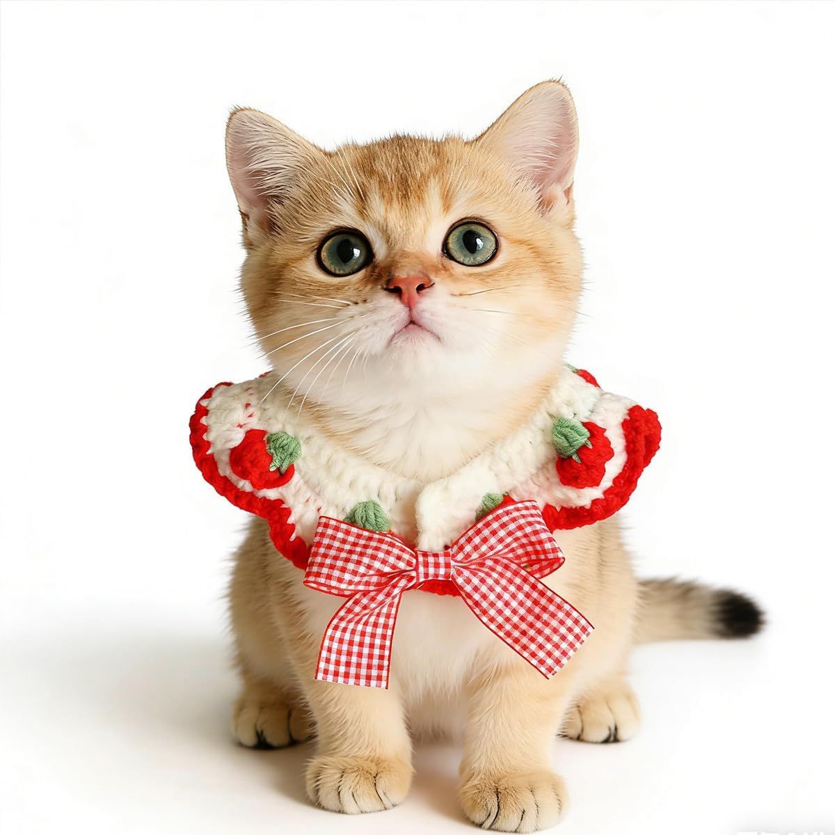 2 Pcs Cat Knitted Collar Cute Strawberry Pattern Scarf Adjustable Kitten Bib Bow with Soft Ruffled Edges Pet Accessories Red,Medium