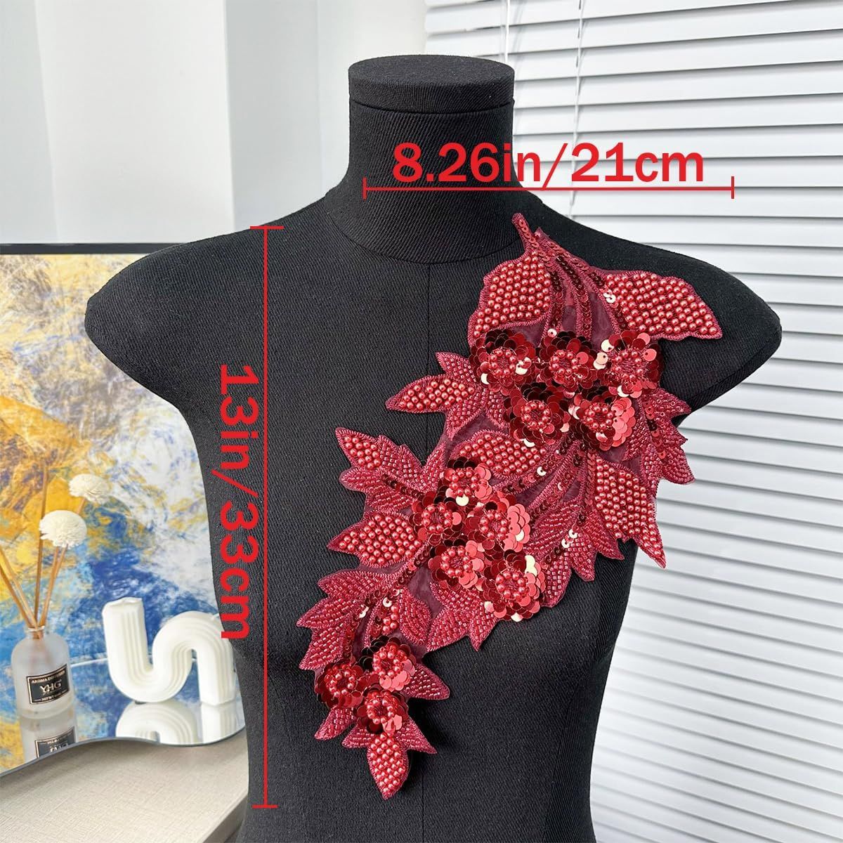 2 PCS Large 3D Beaded Embroidery Sequin Lace Applique Pearl Lace Applique Patches for Clothes, DIY Patches Accessory for Wedding Dresses，Neckline Bodice Pants DIY Crafts