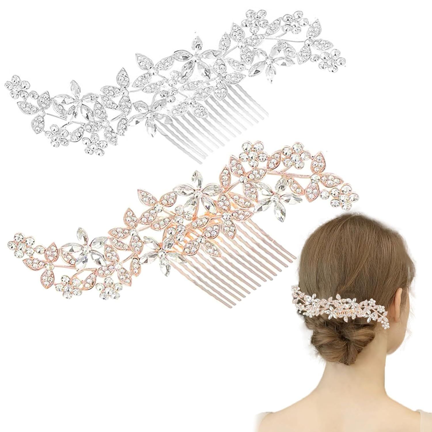 2 Pack Bridal Wedding Hair Pins Rhinestones Flower Hair Combs Pins Bride Hairpieces Gorgeous Hair Accessories for Brides Bridesmaids Women Girls Updo Gold, Silver