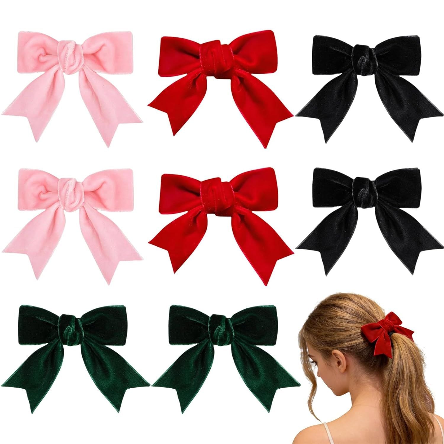 Ordeonrus 8 Pcs Velvet Bows Hair Clip Velvet Hair Bows Hair Ribbon Clips Solid Color Alligator Hairpins for Women Girls Fall Winter Holiday Party Dress Decor Hair Accessory