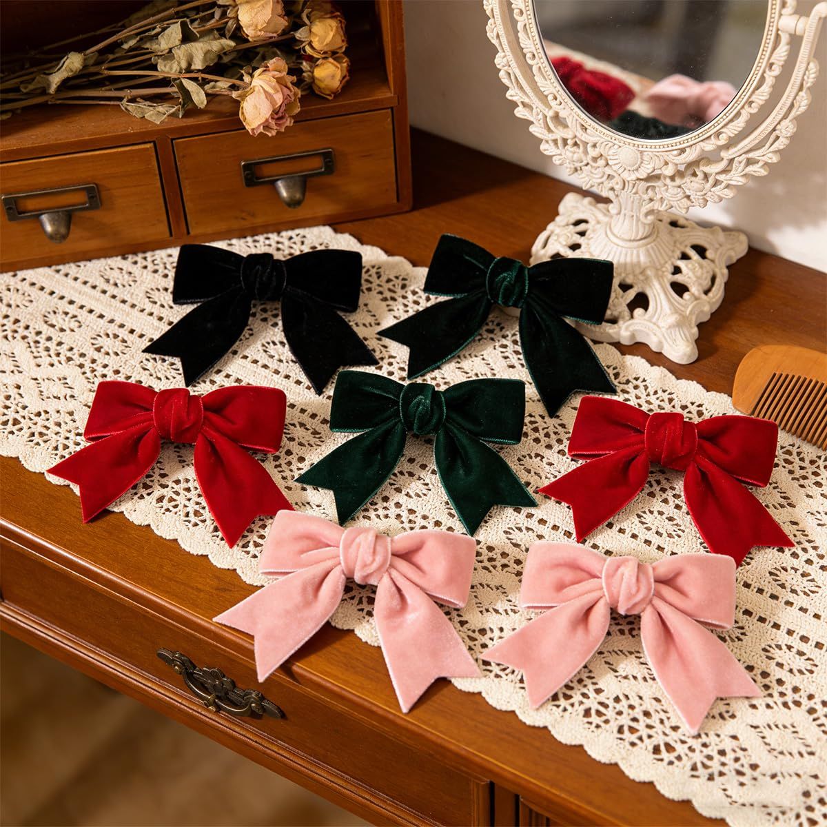 Ordeonrus 8 Pcs Velvet Bows Hair Clip Velvet Hair Bows Hair Ribbon Clips Solid Color Alligator Hairpins for Women Girls Fall Winter Holiday Party Dress Decor Hair Accessory