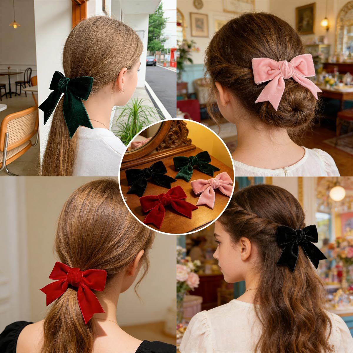 Ordeonrus 8 Pcs Velvet Bows Hair Clip Velvet Hair Bows Hair Ribbon Clips Solid Color Alligator Hairpins for Women Girls Fall Winter Holiday Party Dress Decor Hair Accessory
