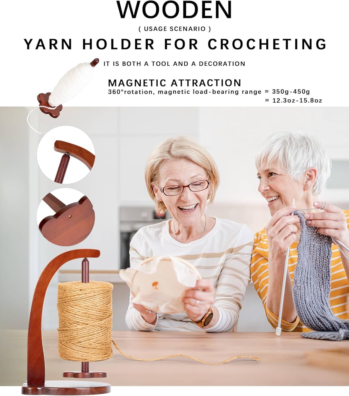 Magnetic Yarn Holder for Crocheting with Bear Shape– 360° Spinning Spindle for Tangle-Free Yarn Ball Holder Spinner, Solid Wood Construction, Ideal for Knitting & Crochet Projects