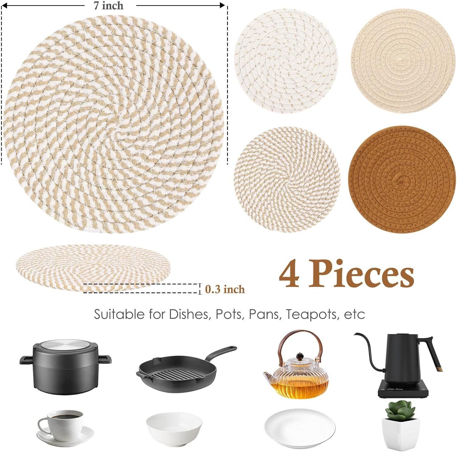 7" Trivets for Hot Dishes, Hot pots and Pans, 4 Heat Resistant Hot Pads, Pot Holders for Kitchen, Home Essentials for New Home and Farmhouse Decor, Fall Decorations for Home Brown