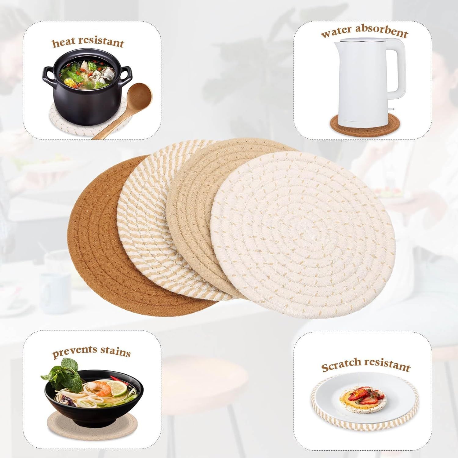 7" Trivets for Hot Dishes, Hot pots and Pans, 4 Heat Resistant Hot Pads, Pot Holders for Kitchen, Home Essentials for New Home and Farmhouse Decor, Fall Decorations for Home Brown