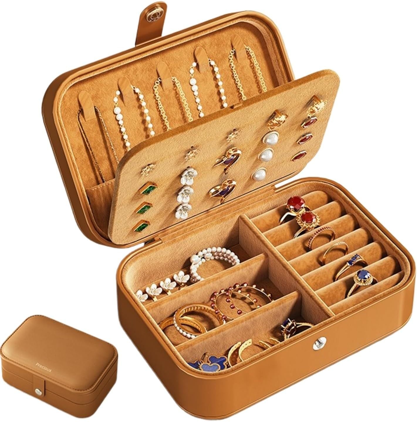 Travel Jewelry Box with 3 Layers for Earrings Studs Rings Necklaces, Portable Compact Jewelry Organizer Storage Case Brown