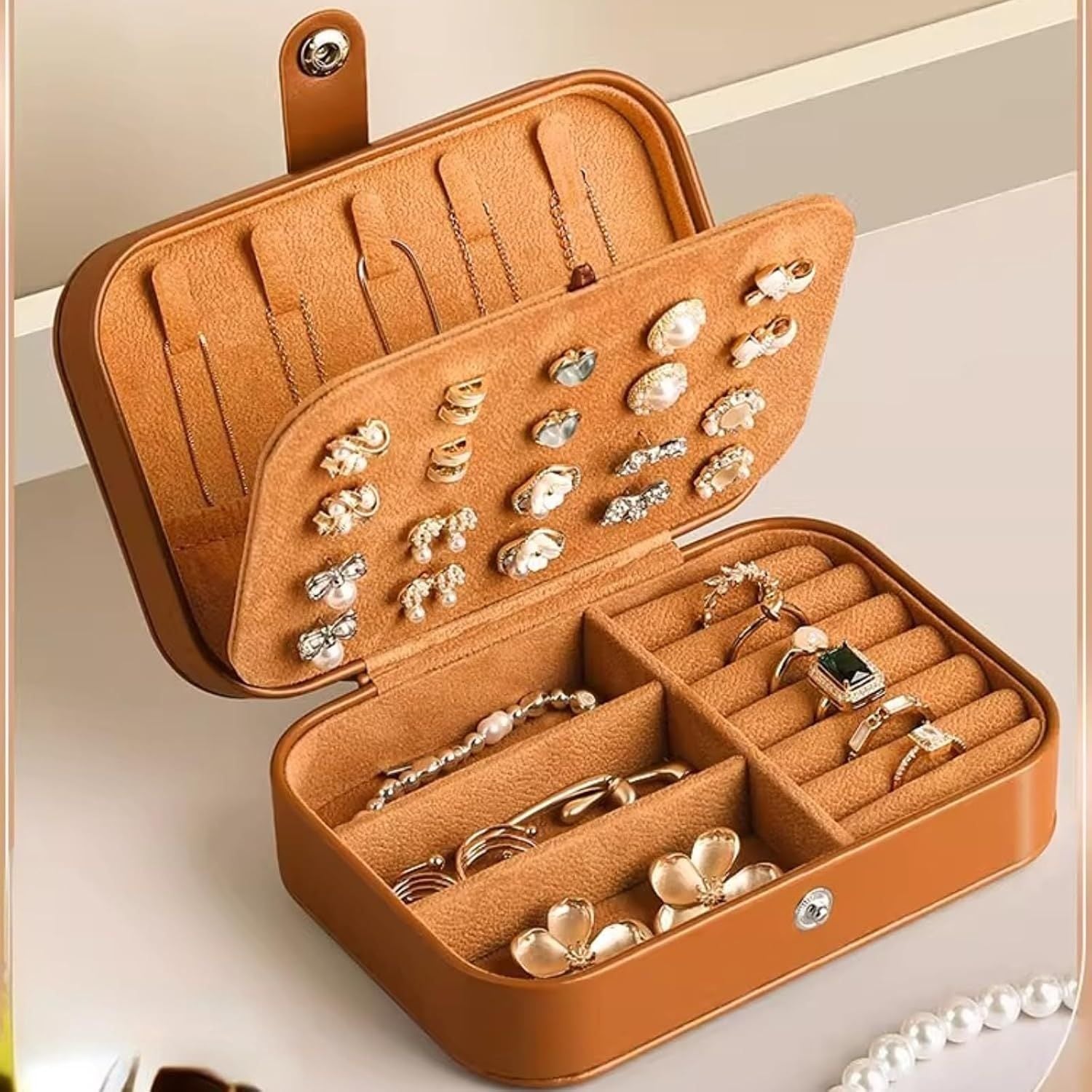 Travel Jewelry Box with 3 Layers for Earrings Studs Rings Necklaces, Portable Compact Jewelry Organizer Storage Case Brown