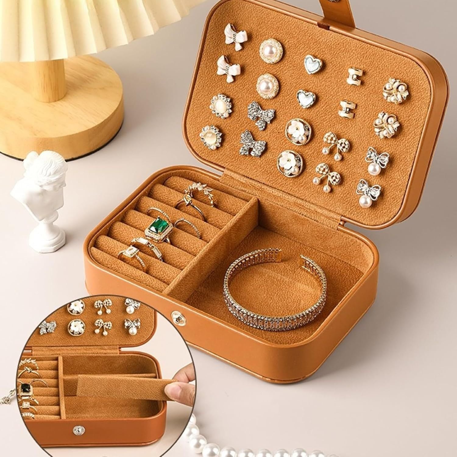 Travel Jewelry Box with 3 Layers for Earrings Studs Rings Necklaces, Portable Compact Jewelry Organizer Storage Case Brown