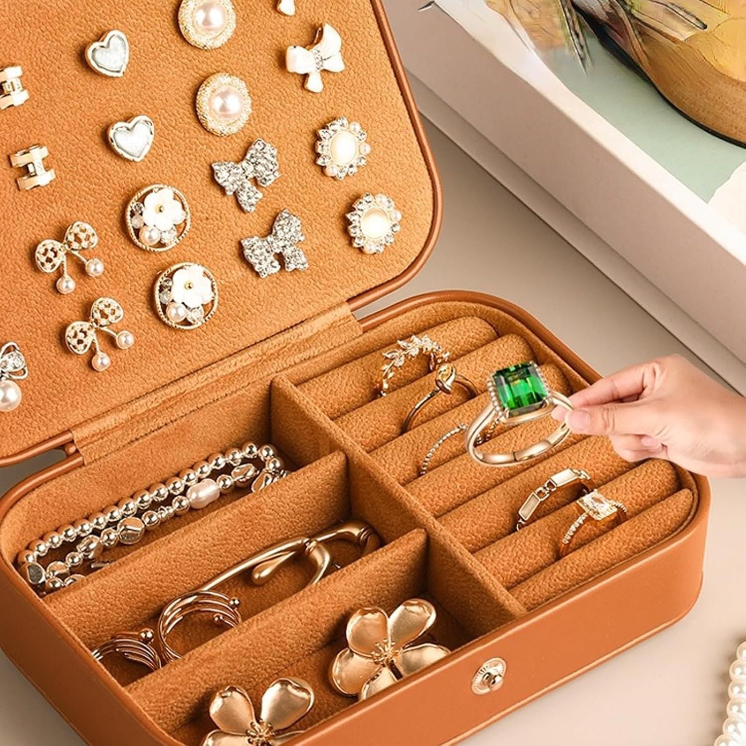Travel Jewelry Box with 3 Layers for Earrings Studs Rings Necklaces, Portable Compact Jewelry Organizer Storage Case Brown