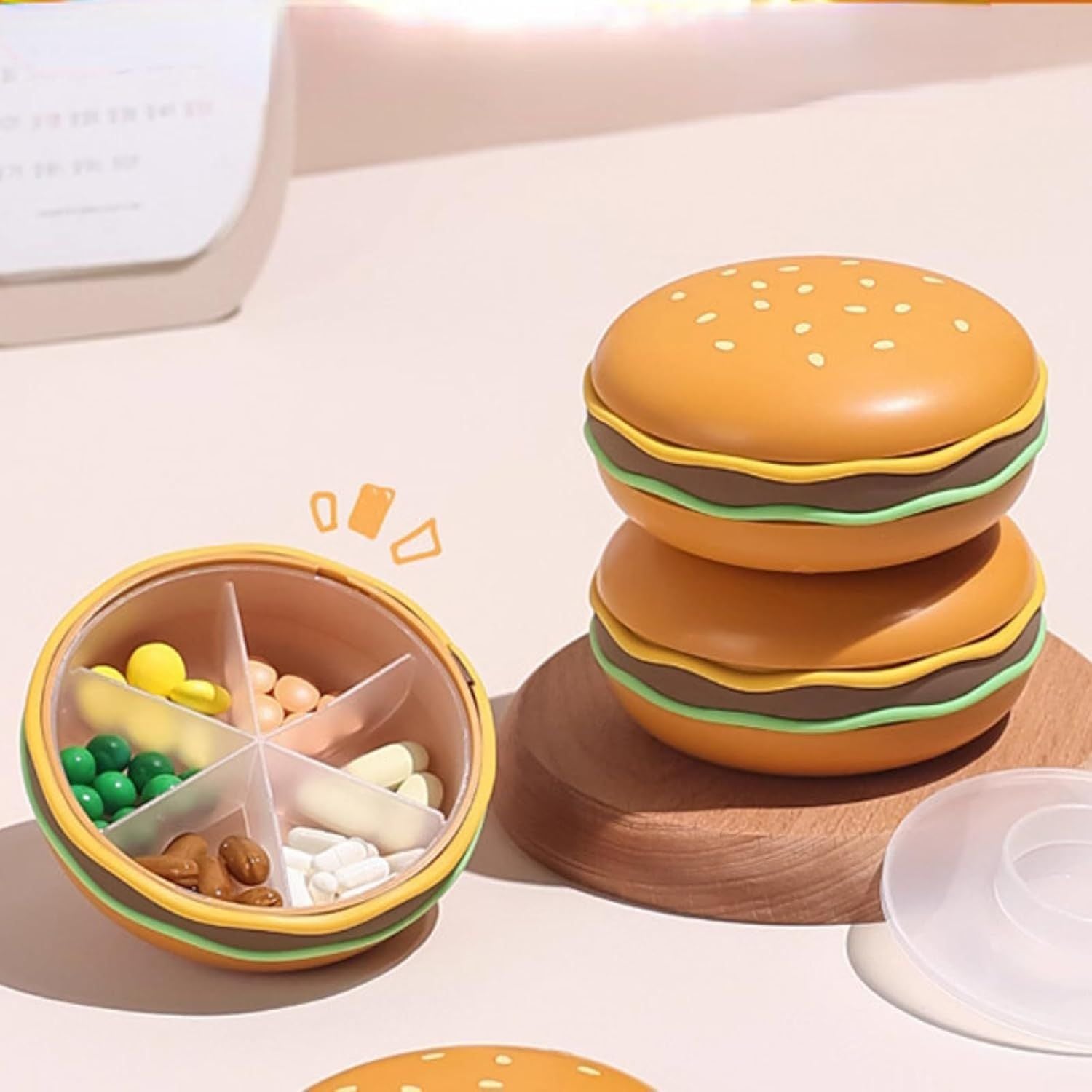 Hamburger Shaped Pill Case, Portable 6 Compartment Mini Pill Organizer with Sealable Lids for Medicine Vitamin Storage Hamburger Pill Box 6-Grid