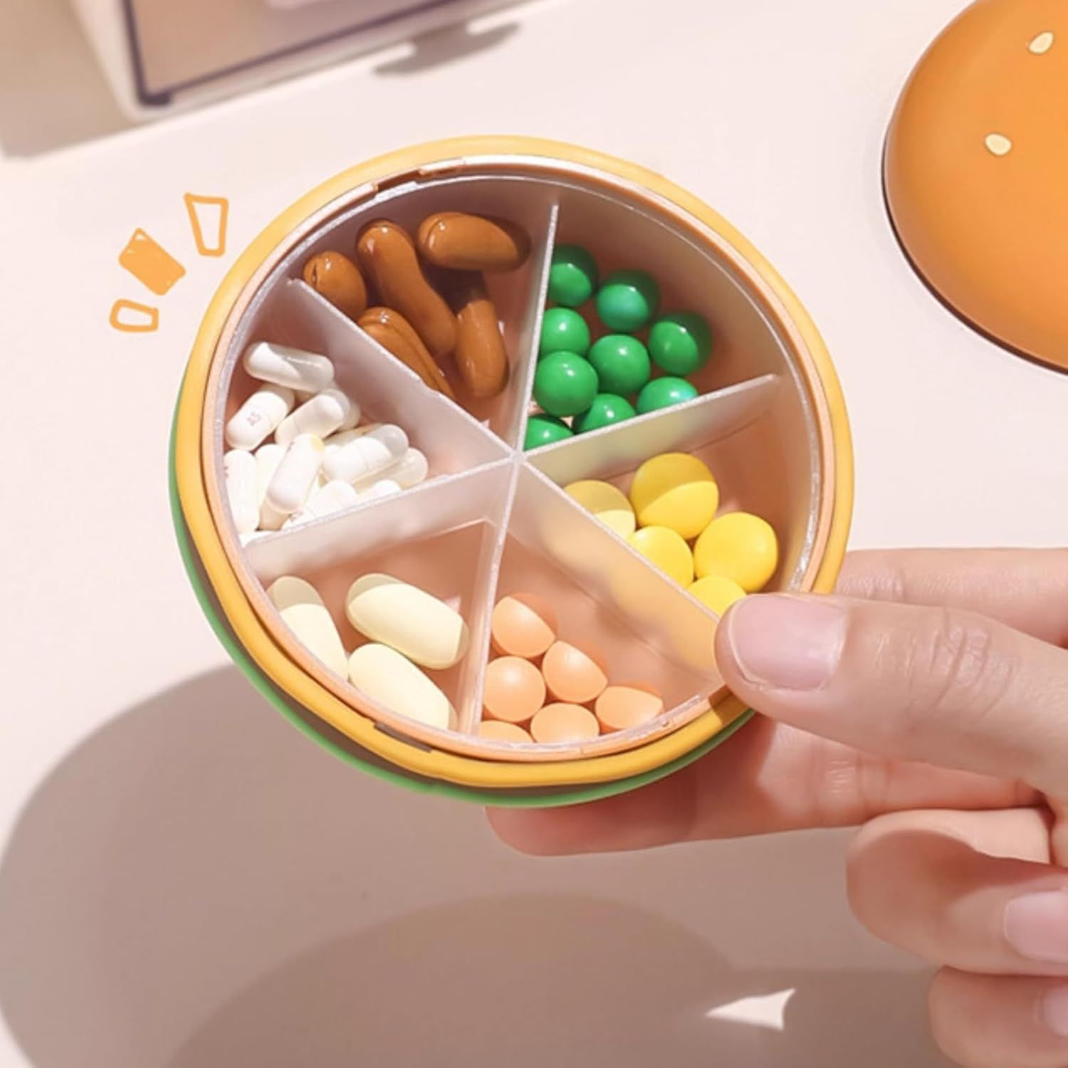 Hamburger Shaped Pill Case, Portable 6 Compartment Mini Pill Organizer with Sealable Lids for Medicine Vitamin Storage Hamburger Pill Box 6-Grid