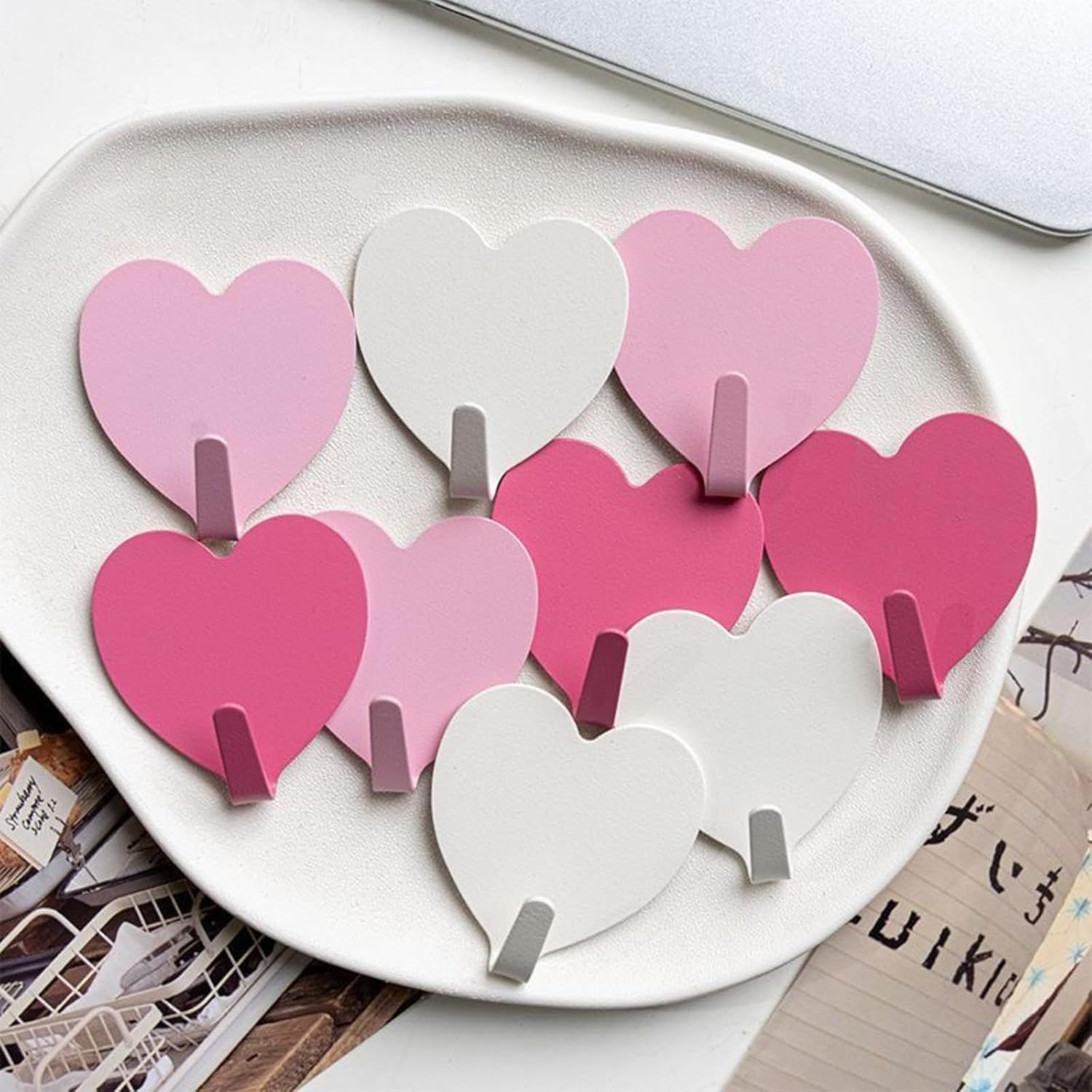 9 Pcs Heart Shaped Adhesive Wall Hooks, Cute Decorative Pink and White Self-Adhesive Hooks for Home Office Organization White Pink