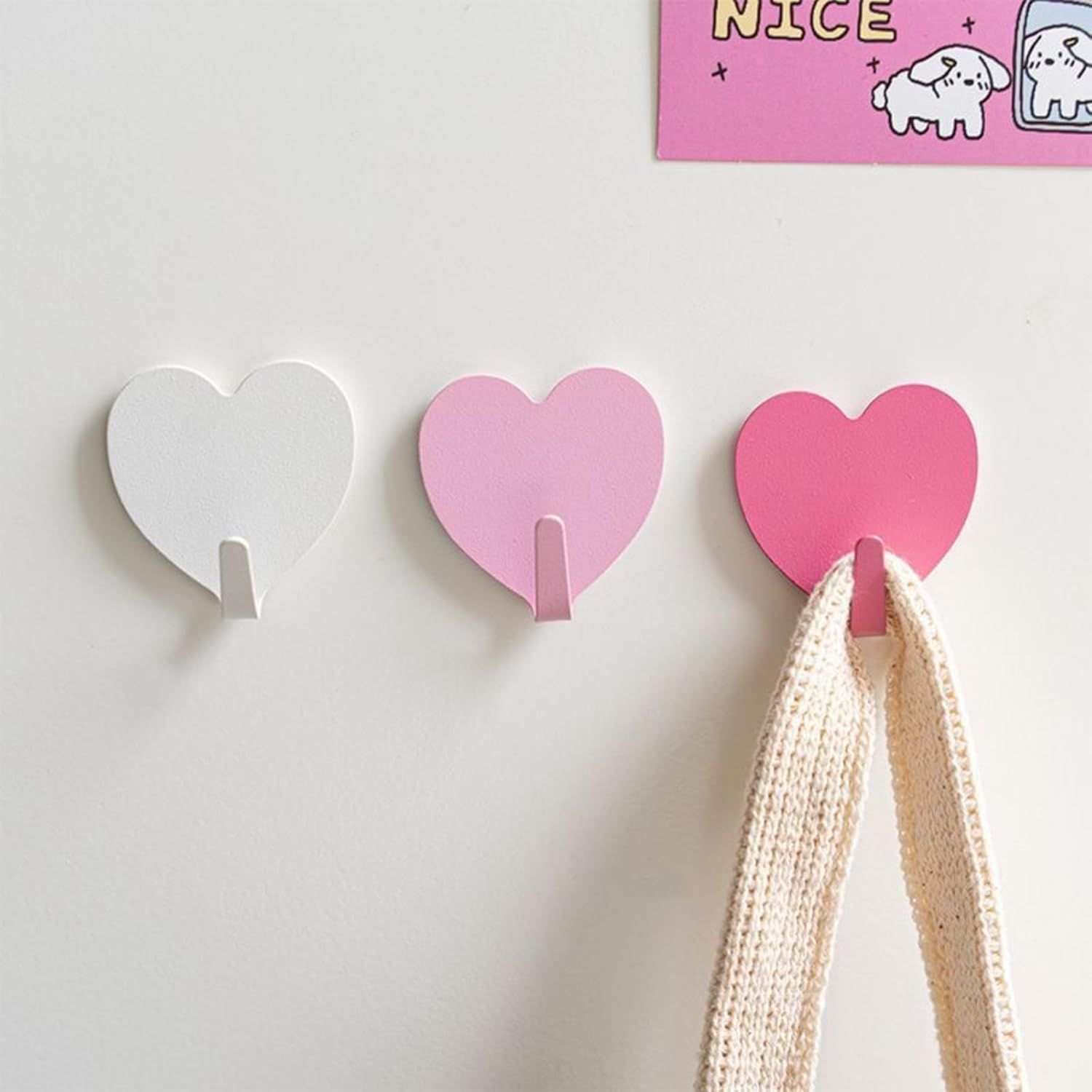 9 Pcs Heart Shaped Adhesive Wall Hooks, Cute Decorative Pink and White Self-Adhesive Hooks for Home Office Organization White Pink