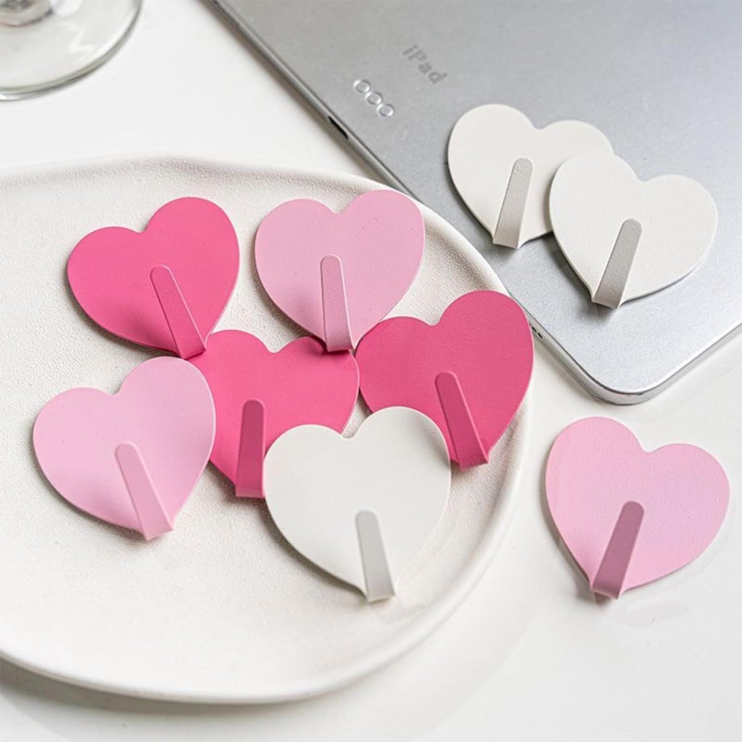 9 Pcs Heart Shaped Adhesive Wall Hooks, Cute Decorative Pink and White Self-Adhesive Hooks for Home Office Organization White Pink