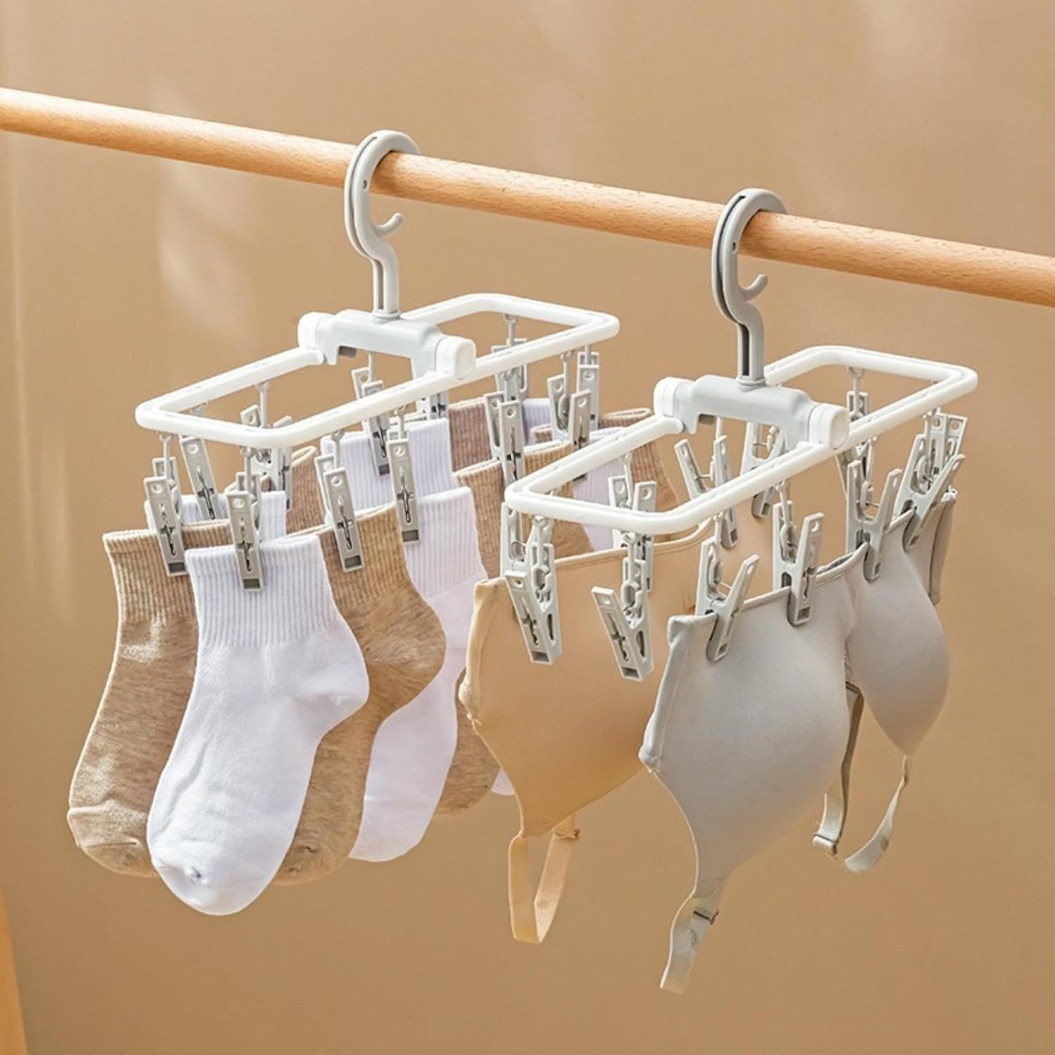2 Pack Clothes Drying Rack with 12 Multiple Clips, Foldable Portable Travel Hanger for Socks Underwear Bras White