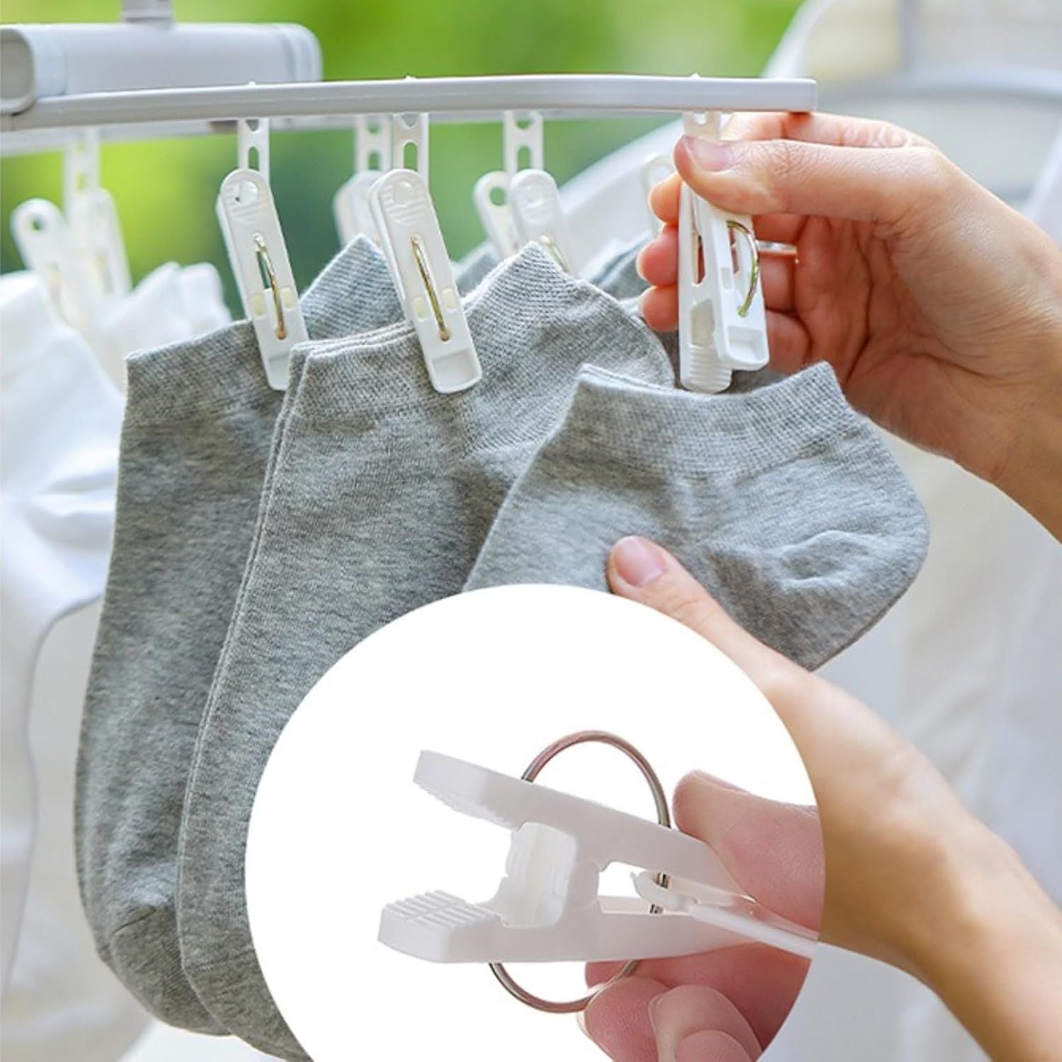 2 Pack Clothes Drying Rack with 12 Multiple Clips, Foldable Portable Travel Hanger for Socks Underwear Bras White