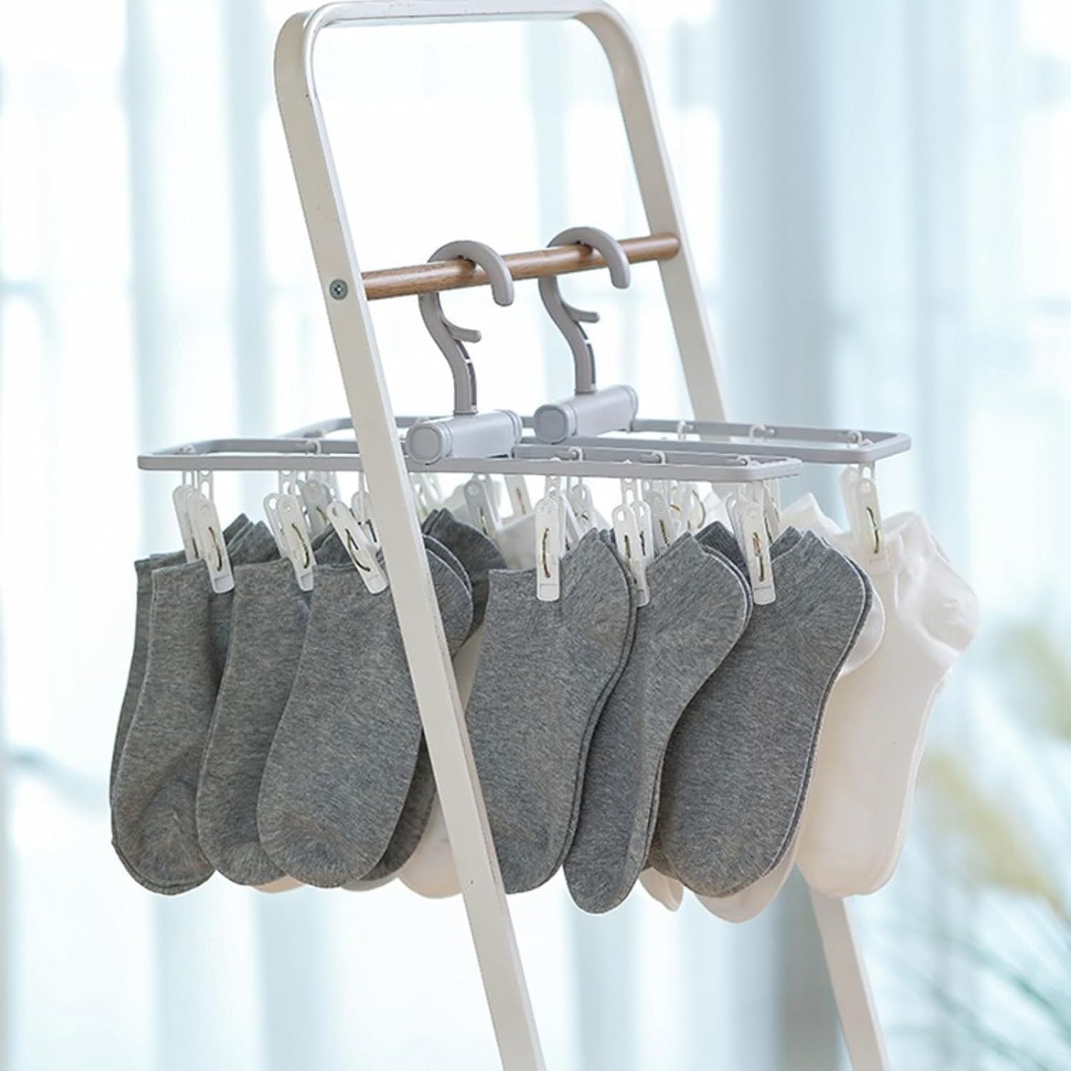 2 Pack Clothes Drying Rack with 12 Multiple Clips, Foldable Portable Travel Hanger for Socks Underwear Bras White