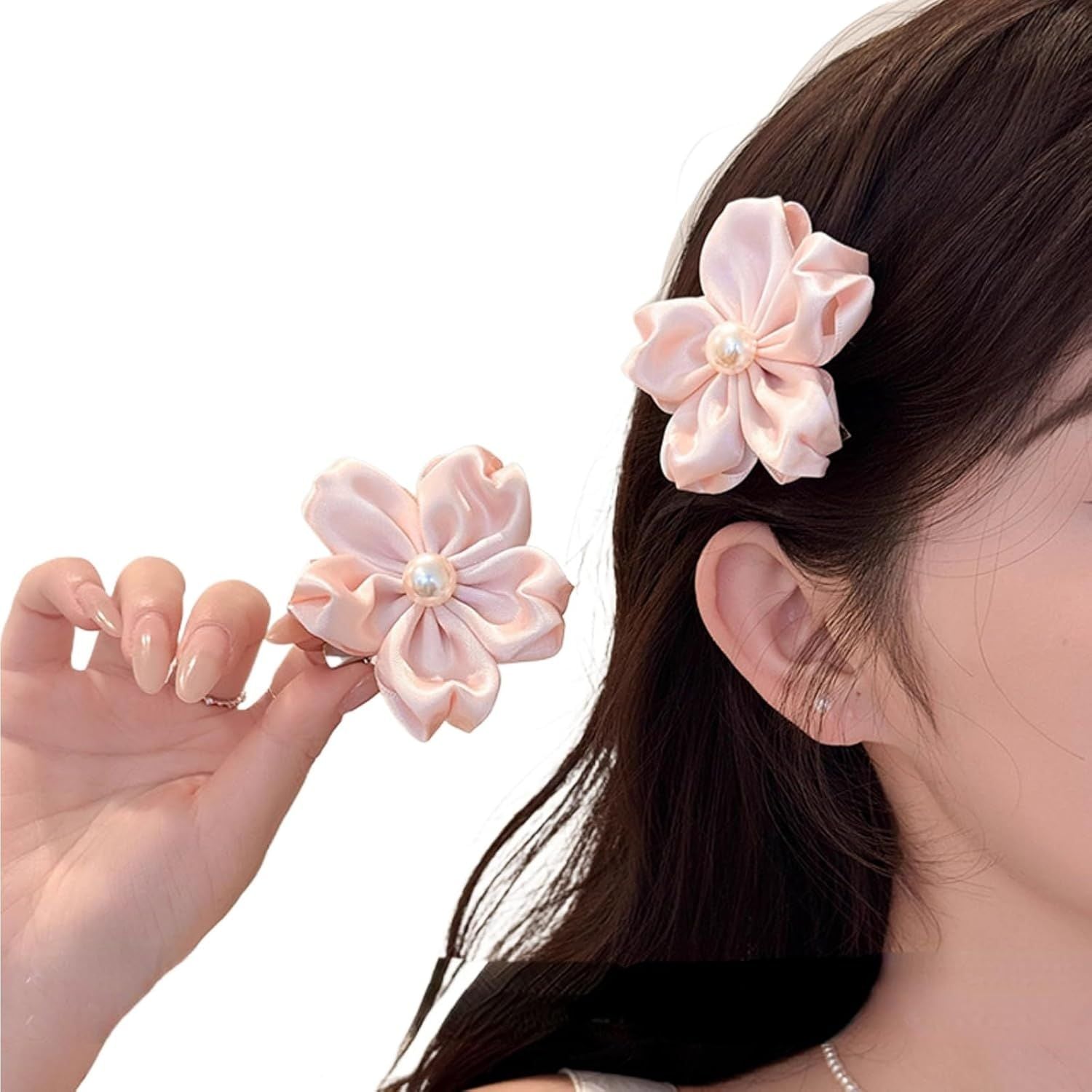 2 Pack Pink Sakura Hair Clips With Pearls for Girls Front Side Bangs, Fringe Duckbill Hair Clips Headwear Accessories Sakura