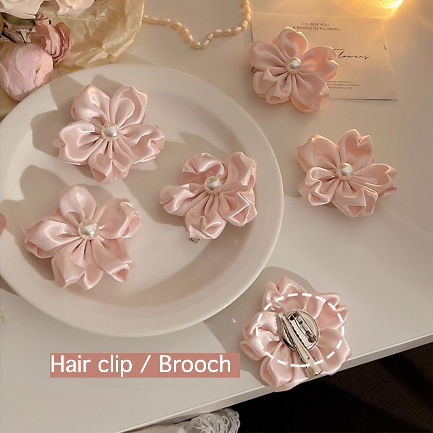 2 Pack Pink Sakura Hair Clips With Pearls for Girls Front Side Bangs, Fringe Duckbill Hair Clips Headwear Accessories Sakura