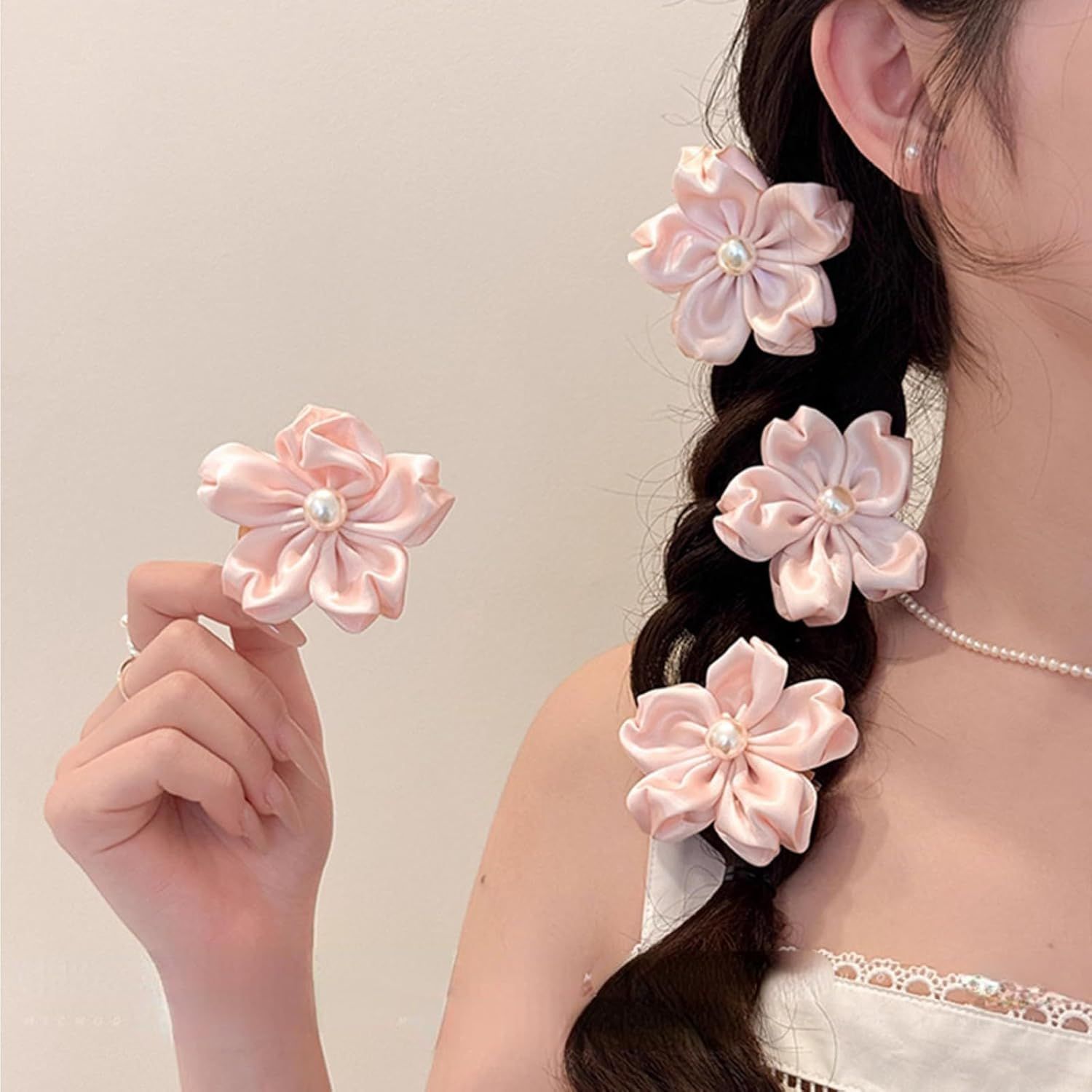 2 Pack Pink Sakura Hair Clips With Pearls for Girls Front Side Bangs, Fringe Duckbill Hair Clips Headwear Accessories Sakura