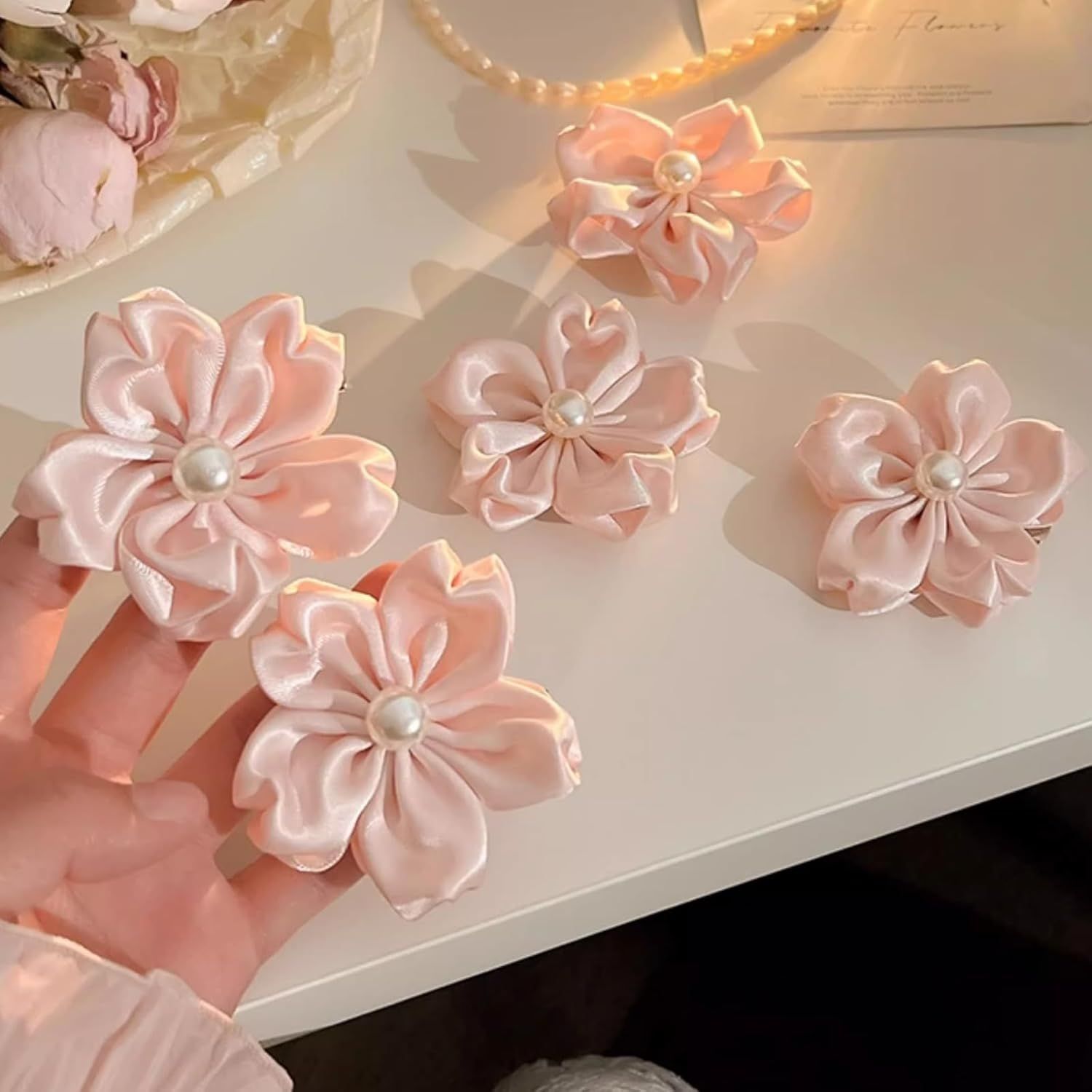 2 Pack Pink Sakura Hair Clips With Pearls for Girls Front Side Bangs, Fringe Duckbill Hair Clips Headwear Accessories Sakura