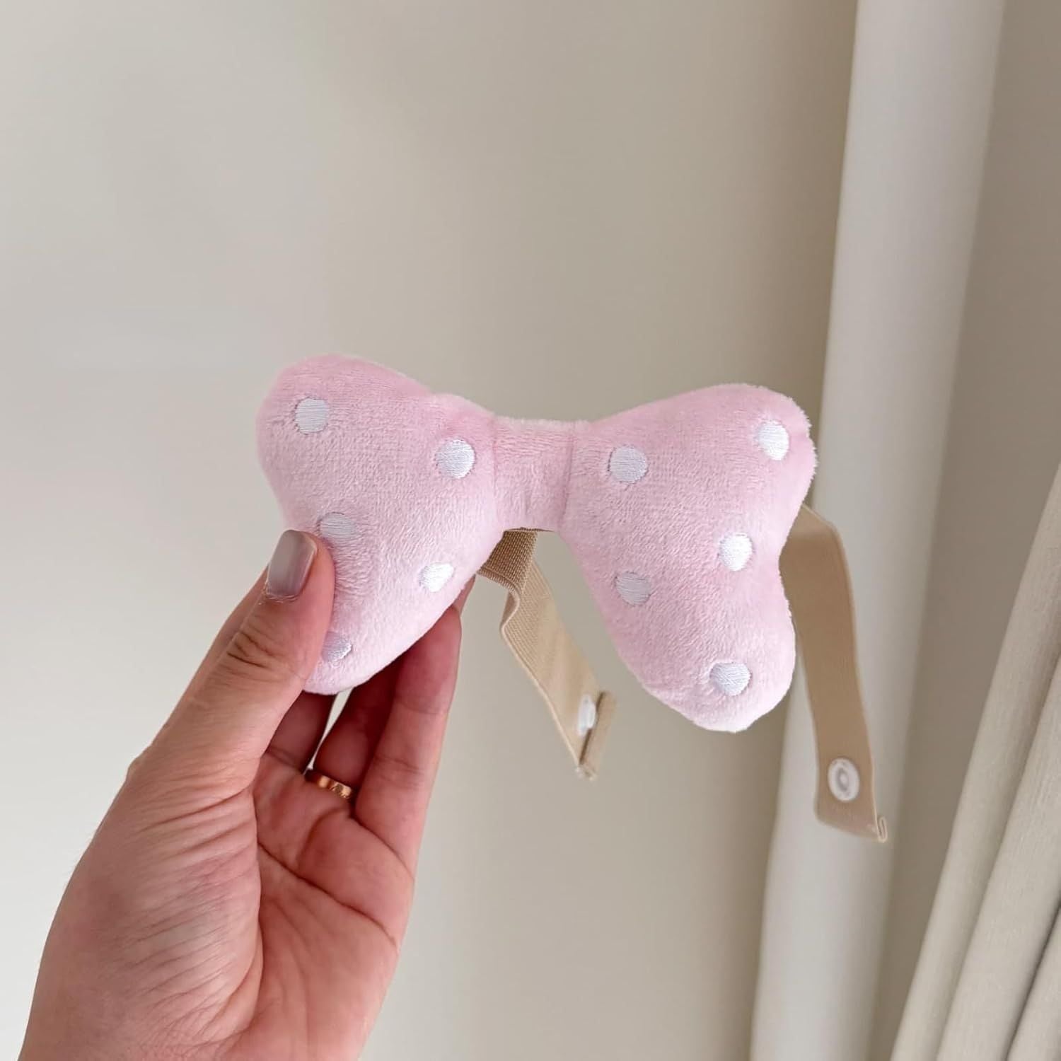 2 Pack Curtain Tiebacks with Pink Plush Bow and White Polka Dot, Snap Button Closure Curtains Holdbacks for Window Decor Pink