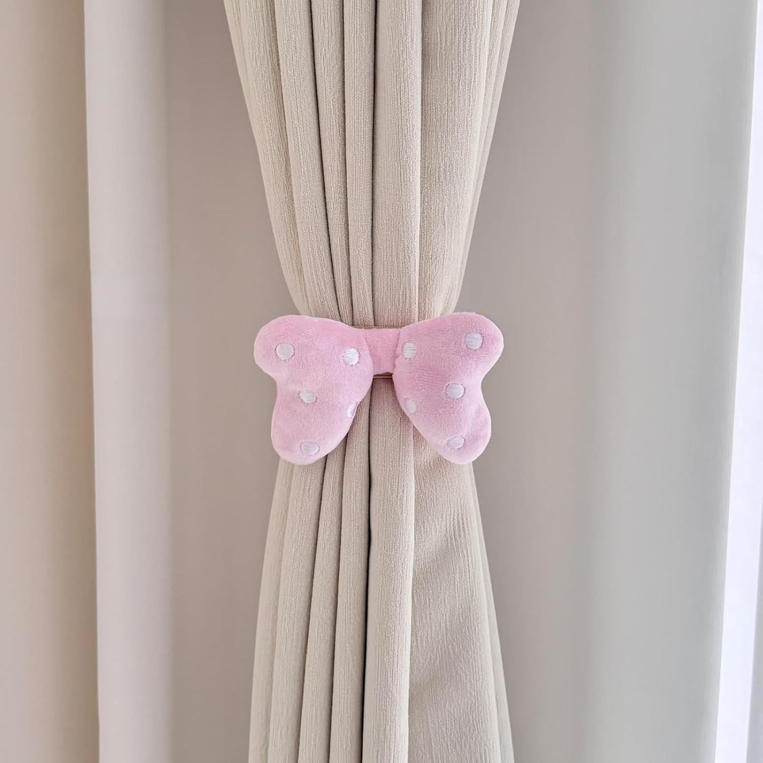 2 Pack Curtain Tiebacks with Pink Plush Bow and White Polka Dot, Snap Button Closure Curtains Holdbacks for Window Decor Pink