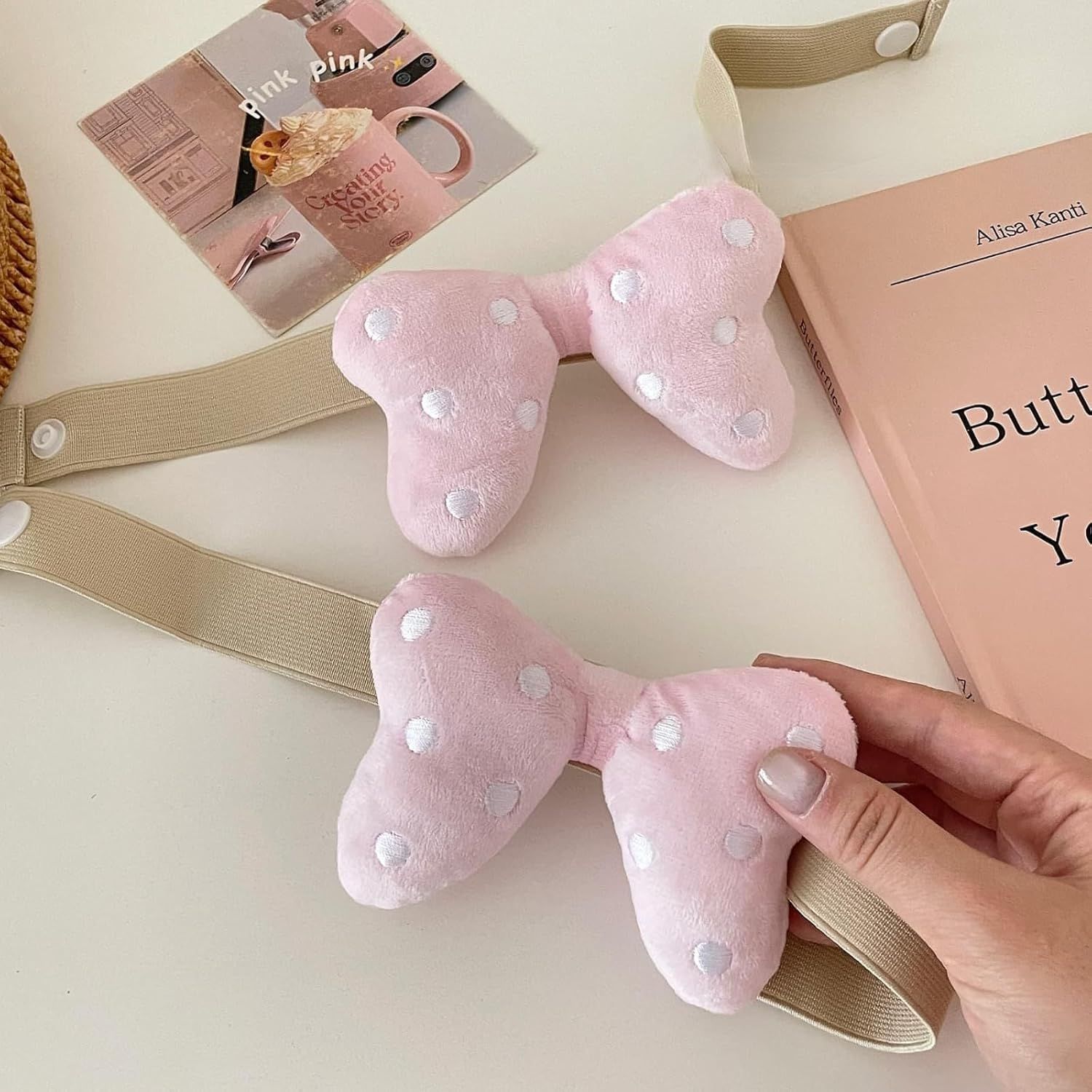 2 Pack Curtain Tiebacks with Pink Plush Bow and White Polka Dot, Snap Button Closure Curtains Holdbacks for Window Decor Pink