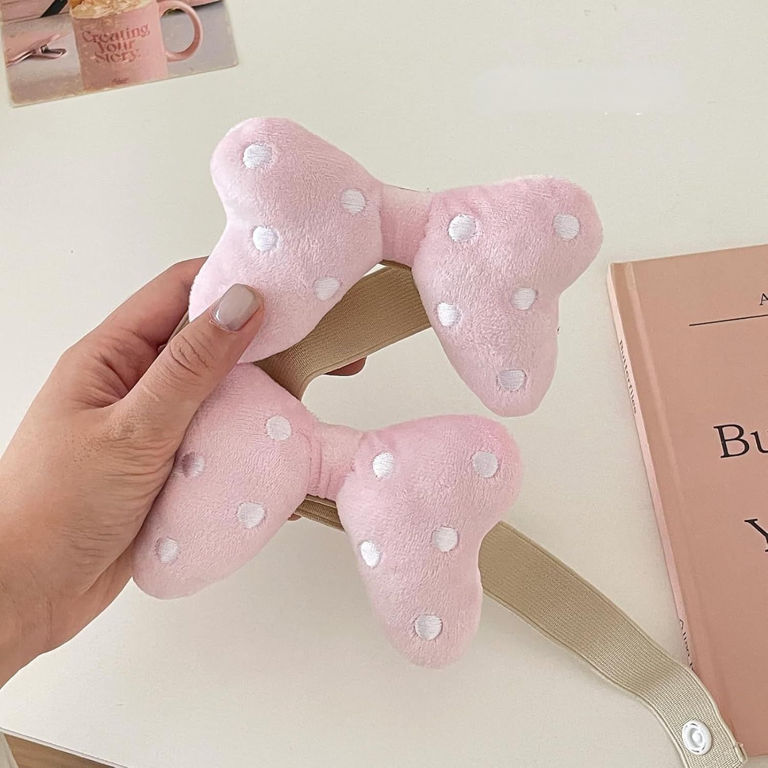 2 Pack Curtain Tiebacks with Pink Plush Bow and White Polka Dot, Snap Button Closure Curtains Holdbacks for Window Decor Pink