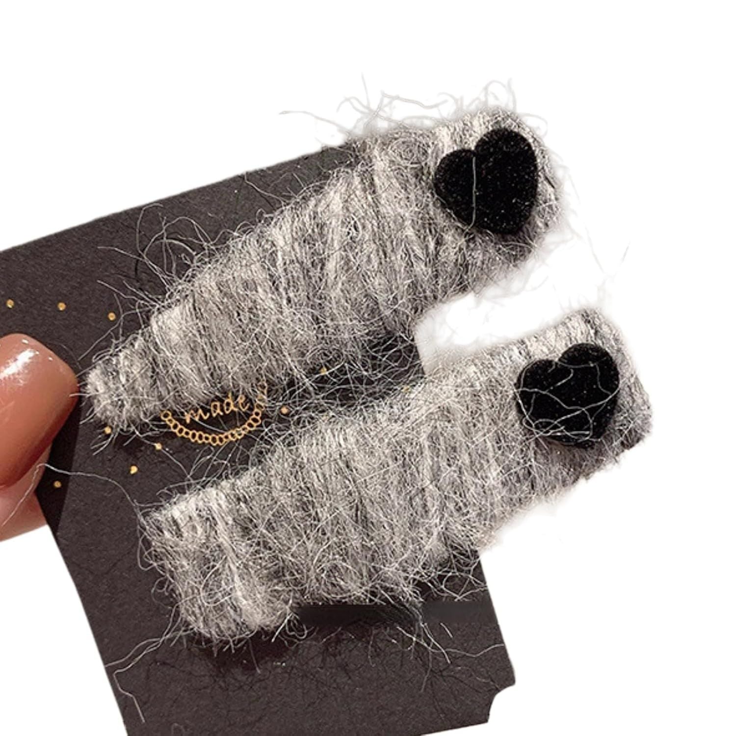 2 Pack Fuzzy Stripy Hair Clips with Velvet Heart for Women Winter, Classy Gray/Red Barrettes Korean Style Hair Pins Grey