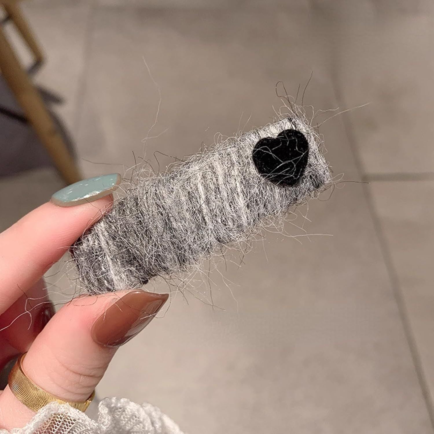 2 Pack Fuzzy Stripy Hair Clips with Velvet Heart for Women Winter, Classy Gray/Red Barrettes Korean Style Hair Pins Grey