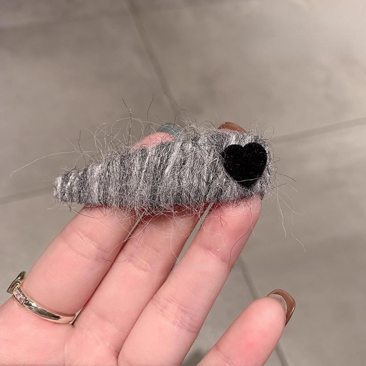 2 Pack Fuzzy Stripy Hair Clips with Velvet Heart for Women Winter, Classy Gray/Red Barrettes Korean Style Hair Pins Grey