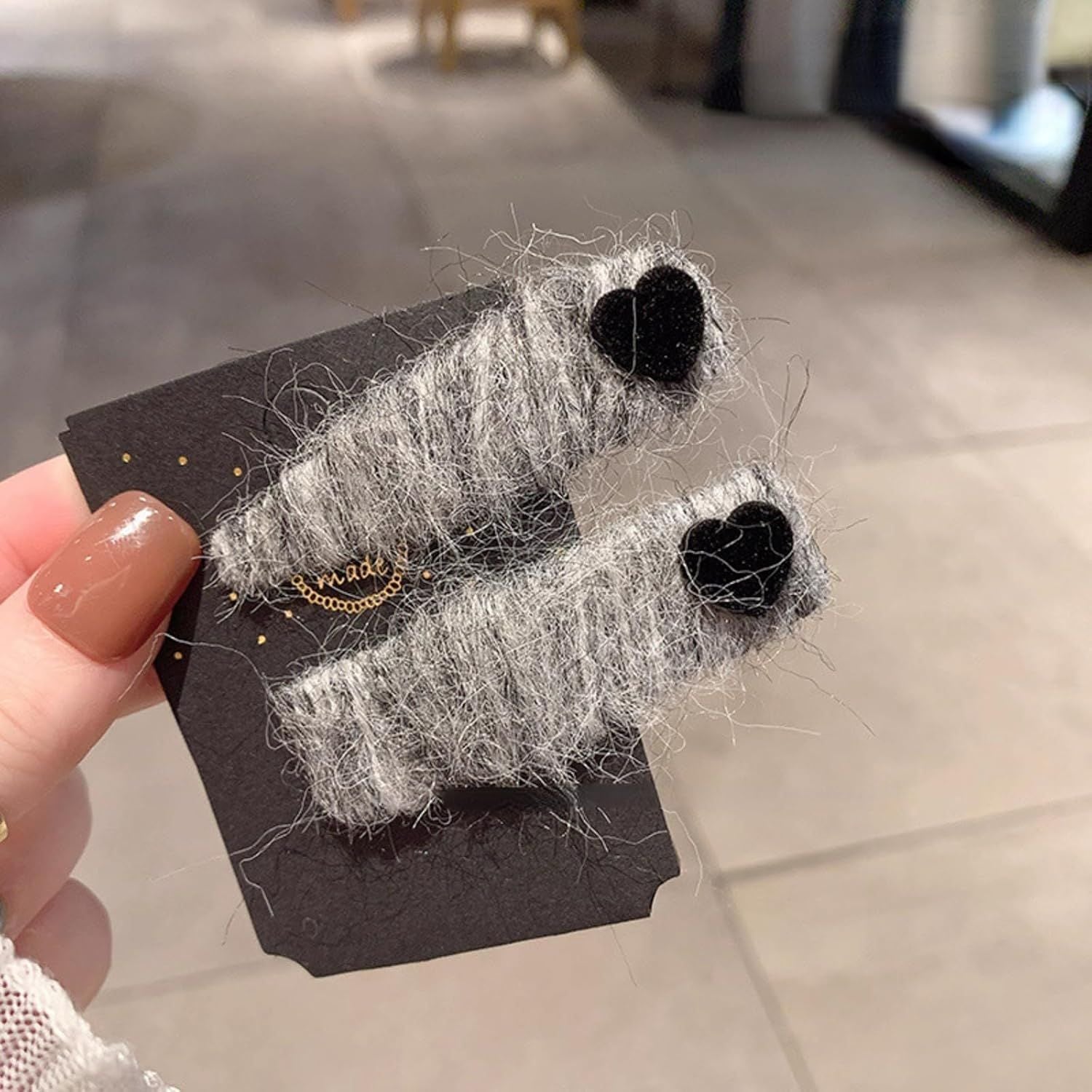 2 Pack Fuzzy Stripy Hair Clips with Velvet Heart for Women Winter, Classy Gray/Red Barrettes Korean Style Hair Pins Grey