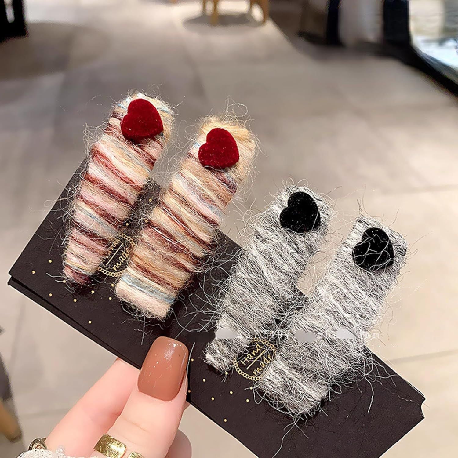 2 Pack Fuzzy Stripy Hair Clips with Velvet Heart for Women Winter, Classy Gray/Red Barrettes Korean Style Hair Pins Grey