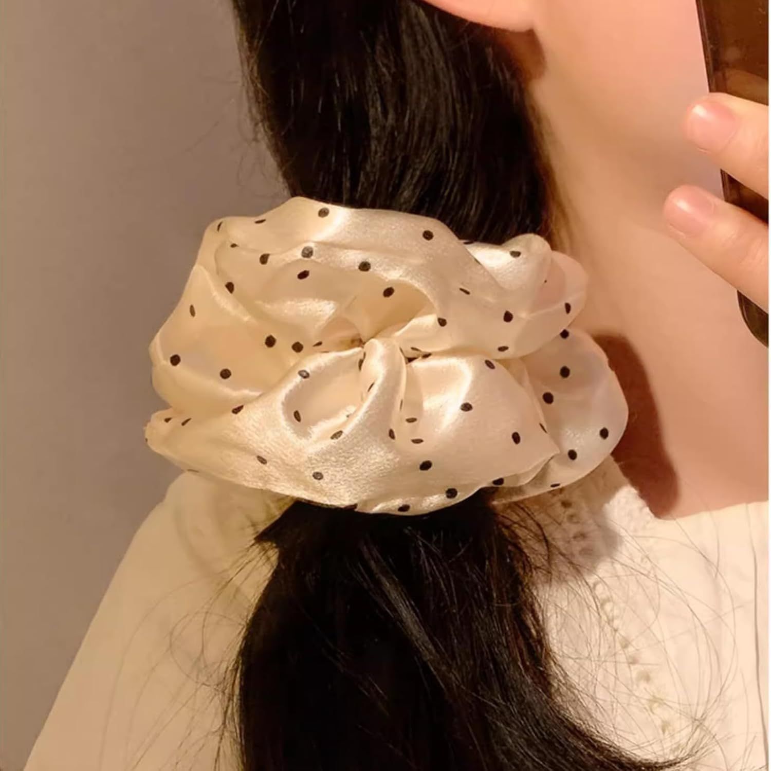 2 Packs Large Scrunchies Black White Polka Dot Satin Elastic Hair Tie, Classic Elegant Nostalgia Hair Band for Women Beige