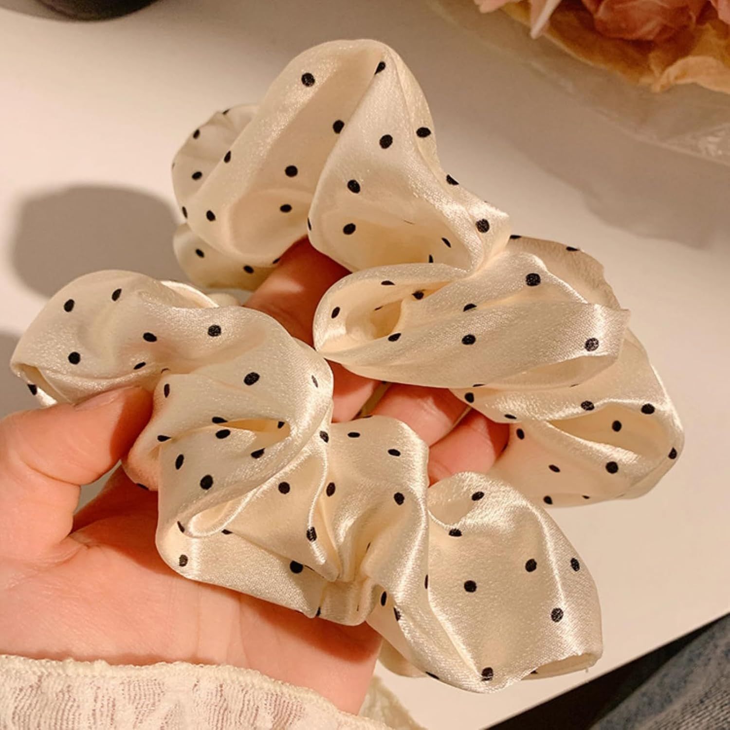2 Packs Large Scrunchies Black White Polka Dot Satin Elastic Hair Tie, Classic Elegant Nostalgia Hair Band for Women Beige