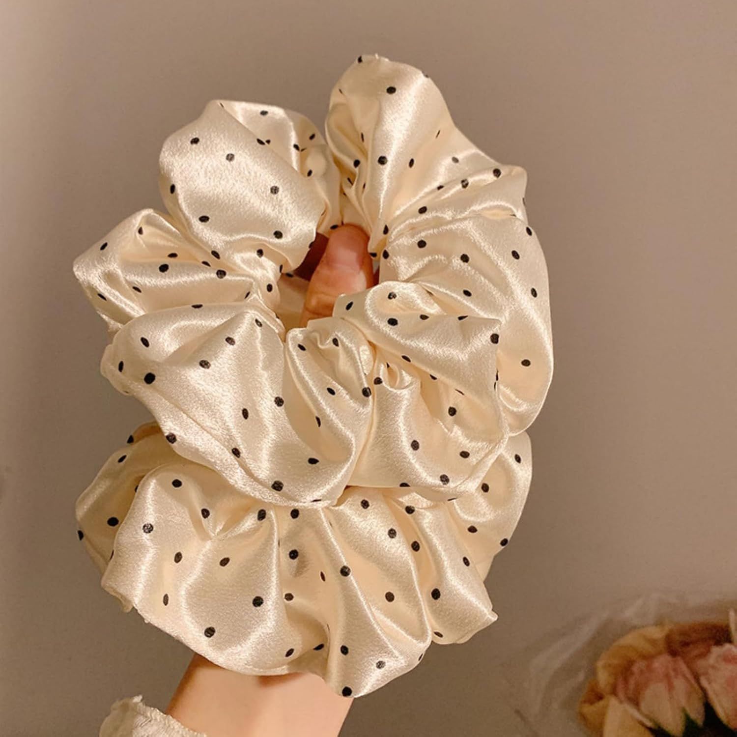 2 Packs Large Scrunchies Black White Polka Dot Satin Elastic Hair Tie, Classic Elegant Nostalgia Hair Band for Women Beige